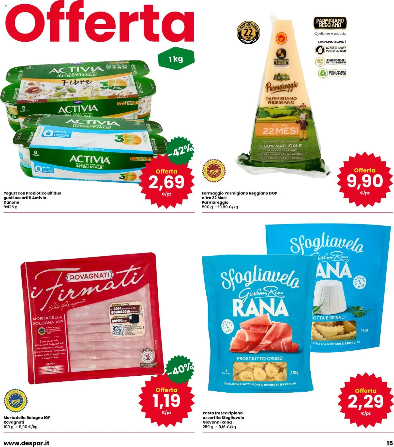 Volantino Eurospar del 08/10/2026 | Pagina: 15 | Prodotti: Formaggio, Pasta, Spinaci, Senza lattosio