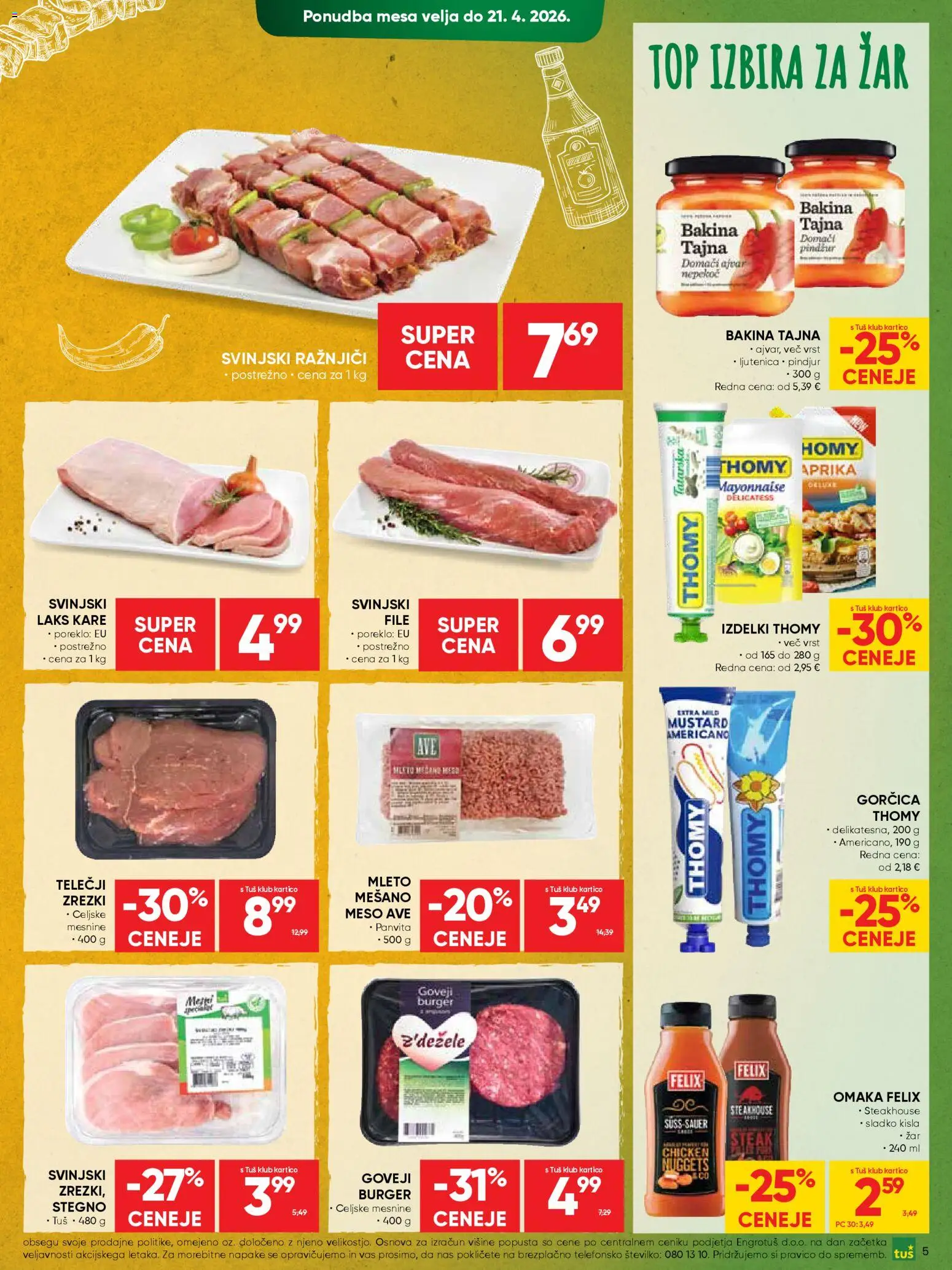 Novi Tuš katalog ponudbe – veljaven od 15.04.2026 | Stran: 5 | Izdelki: Zar, Ražnjiči, Gorčica, Omaka