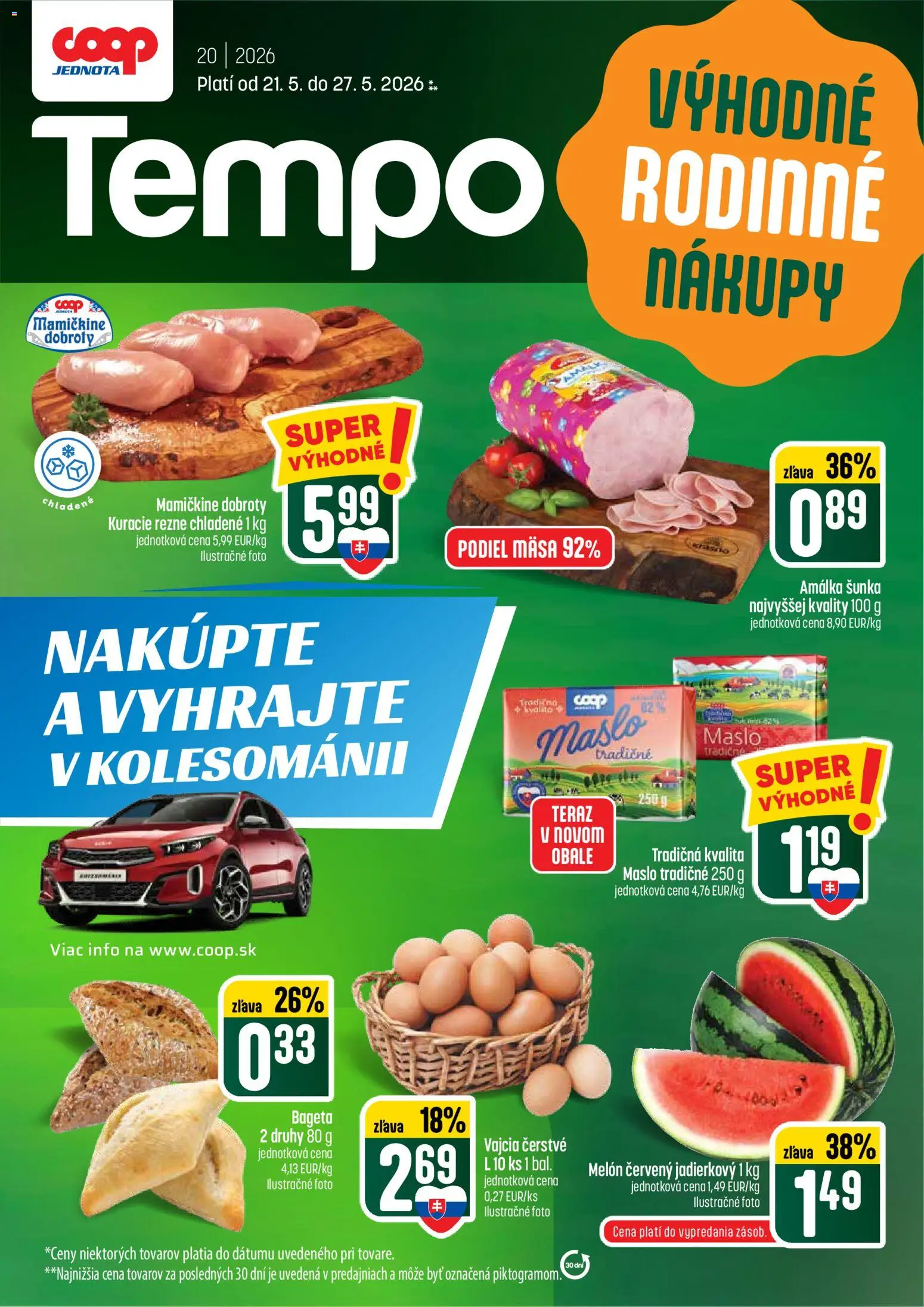 Nové COOP Jednota akcie – leták je platný od 21.05.2026 | Strana: 1 | Produkty: Maslo, Vajcia, Kuracie rezne, Melón