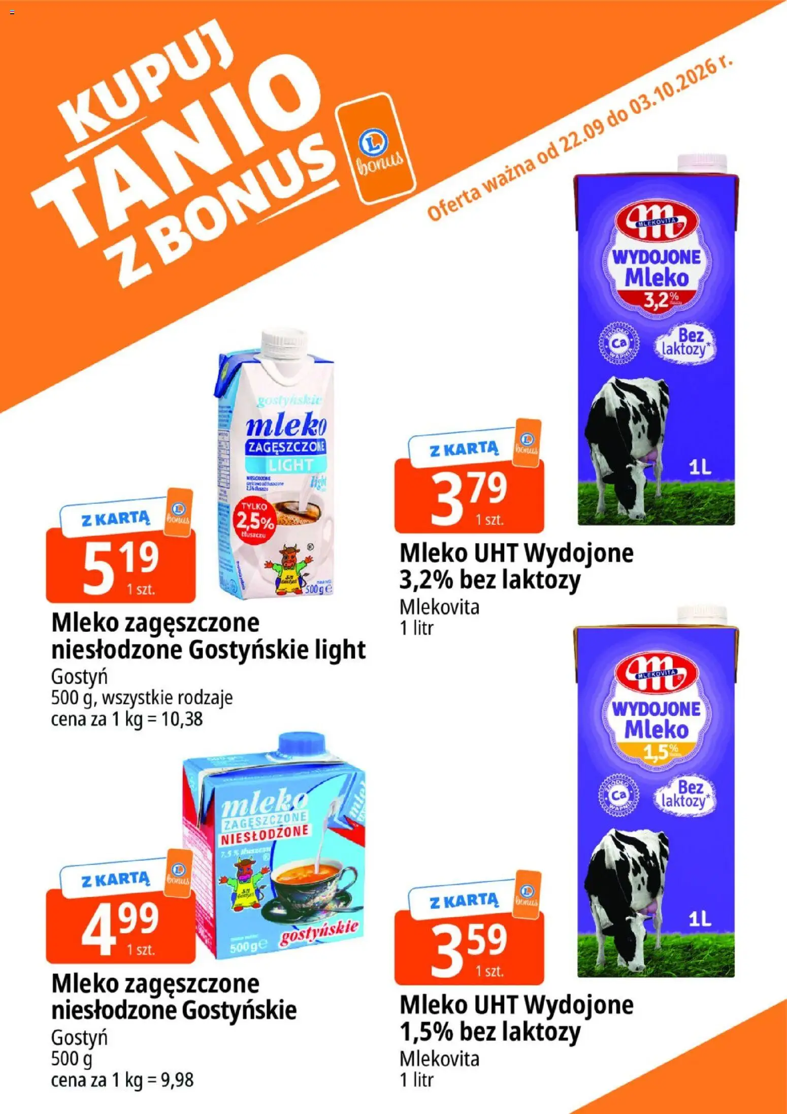E.Leclerc gazetka - Kupuj Tanio Z Bonus od 22.09.2026 | Strona: 14 | Produkty: Karta, Bez laktozy, Mleko, Mleko UHT