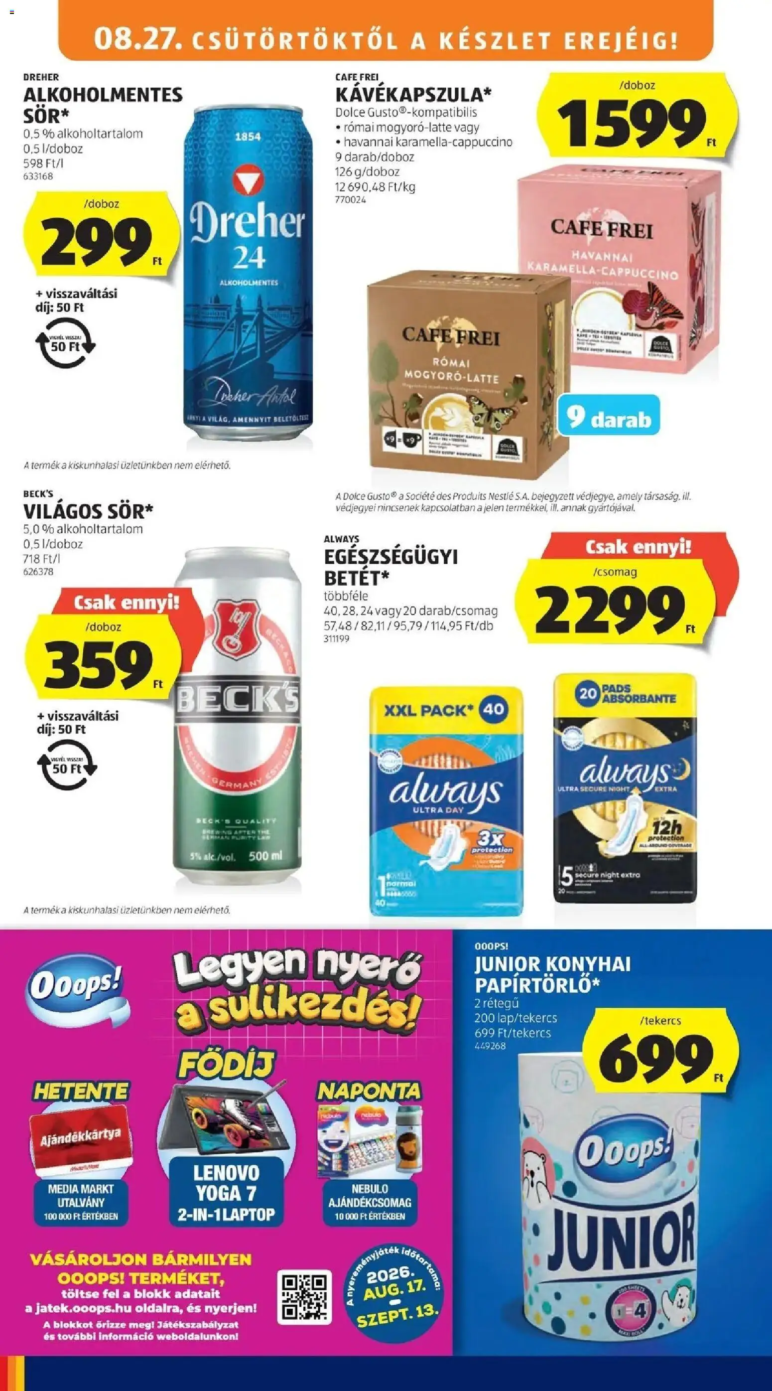 Aldi aktuális akciós újság - 2026.08.27. -tól/töl > akció, lapozható szórólap 🛍️ | Oldal: 10 | Termékek: Dreher, Nestlé, Ajándékcsomag, Always