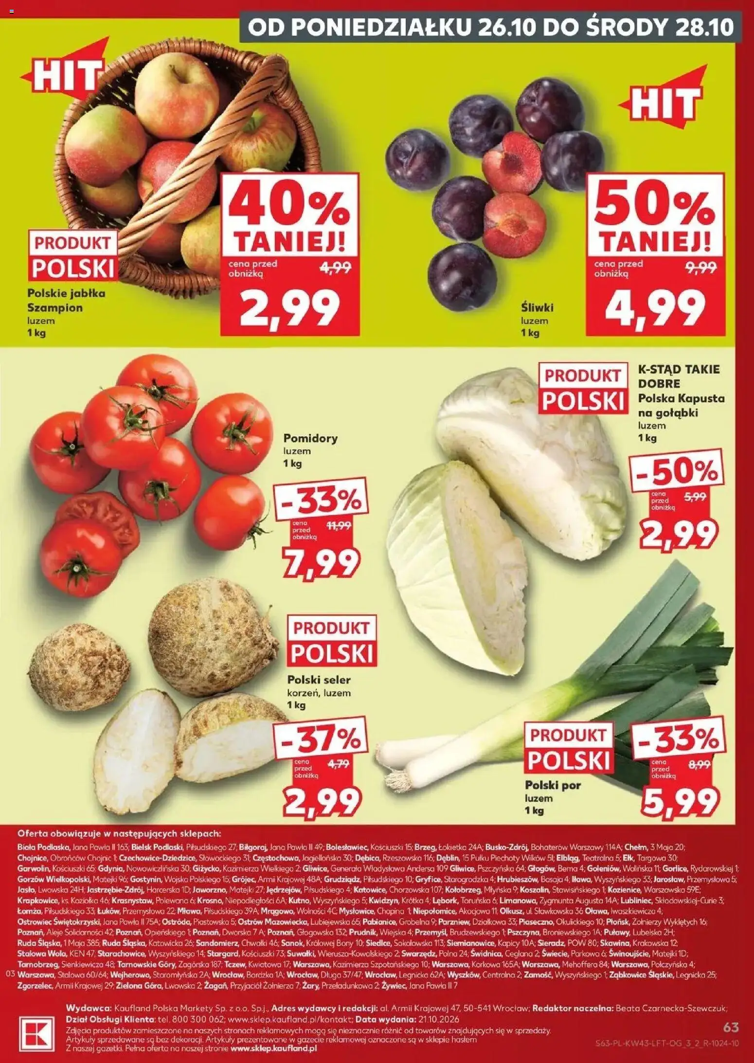 Kaufland aktualna gazetka od 22.10.2026 - od jutra PDF | Strona: 63 | Produkty: Kapusta, Gołąbki, Śliwki, Pomidory