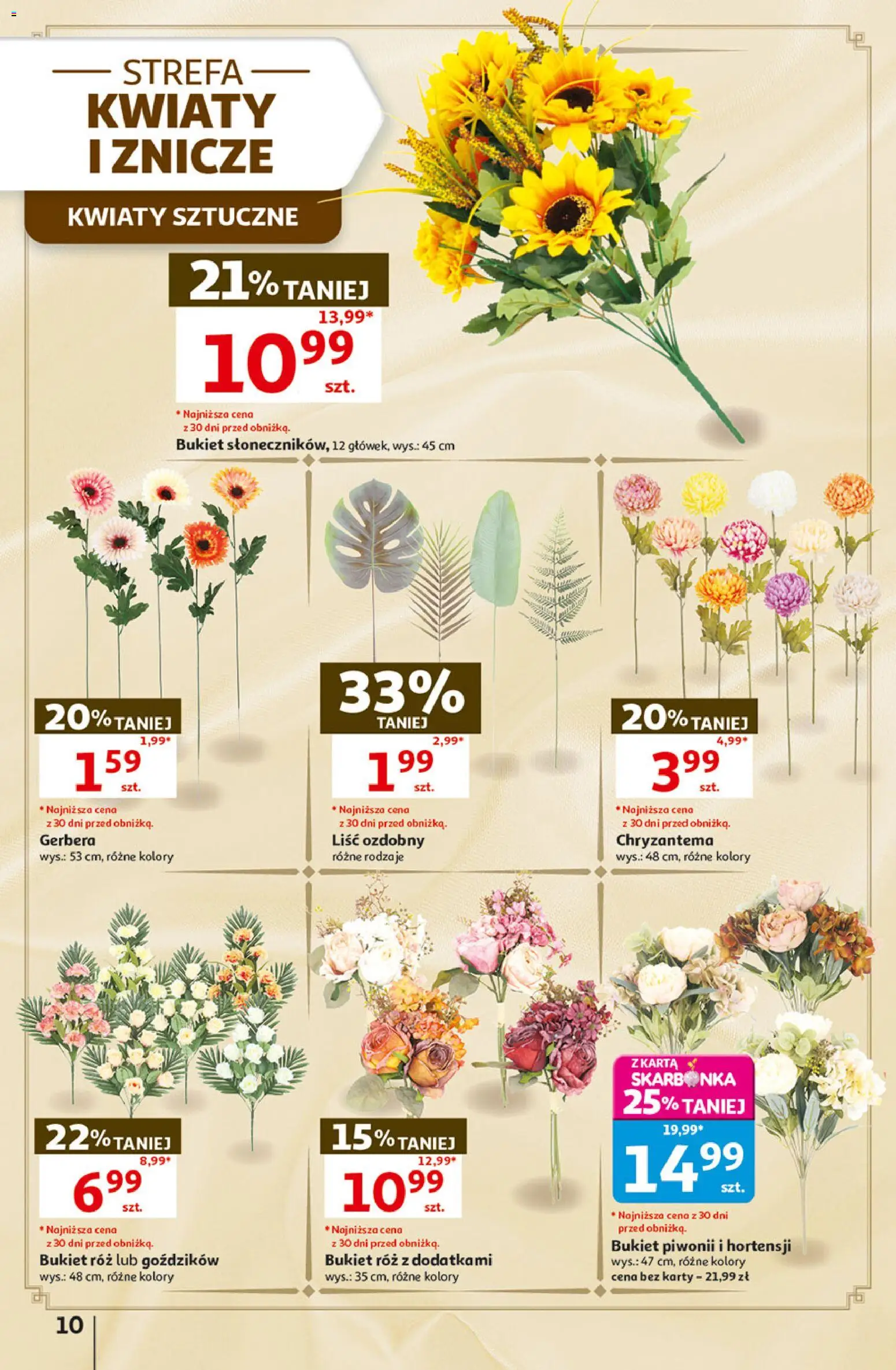 Auchan gazetka - Hipermarket od 01.10.2026 | Strona: 10 | Produkty: Kwiaty sztuczne, Gerbera, Bukiet róż, Kwiaty