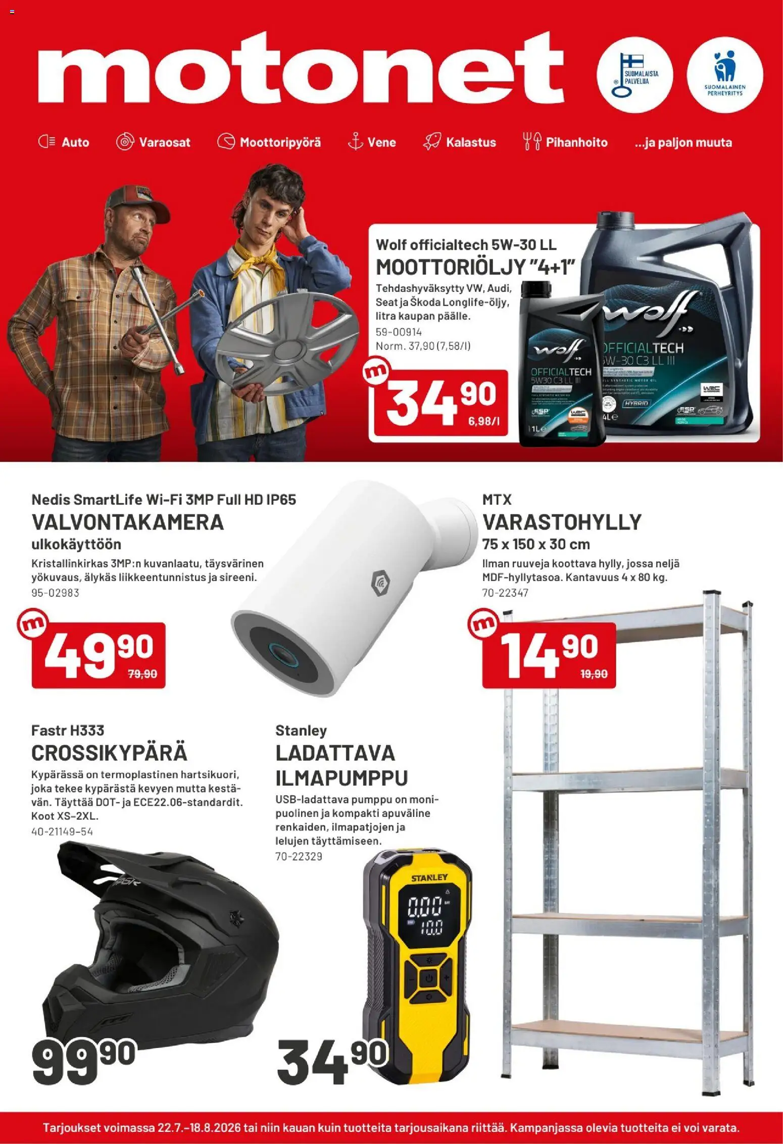 Motonet tarjoukset – voimassa 22/07/2026 alkaen | Sivu: 1 | Tuotteet: Varastohylly, Vene, Moottoriöljy, Pumppu