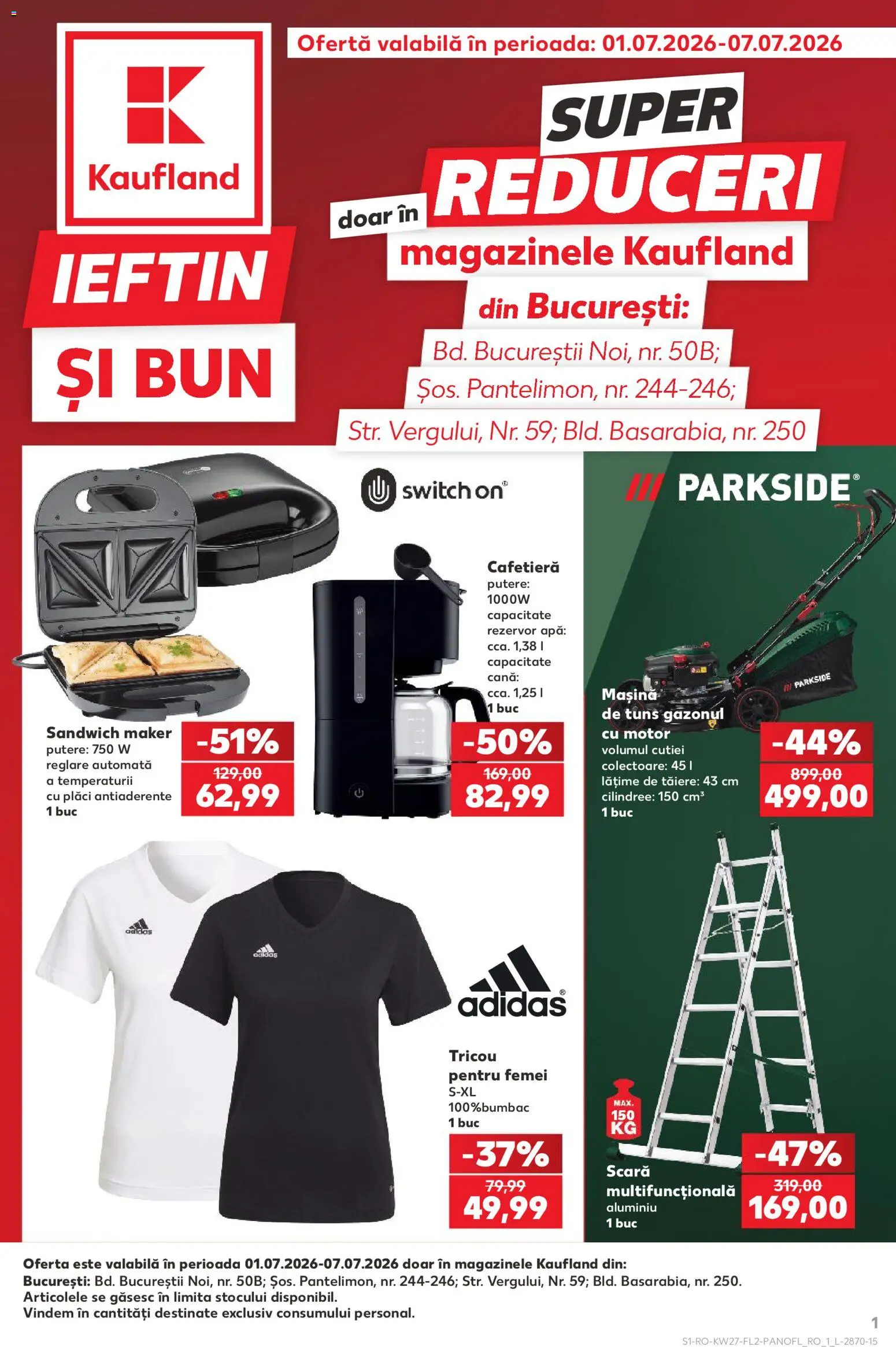 Noul catalog Kaufland – valabil de la 01.07.2026 | Pagină: 1 | Produse: Cafetieră, Scară, Tricou, Apă