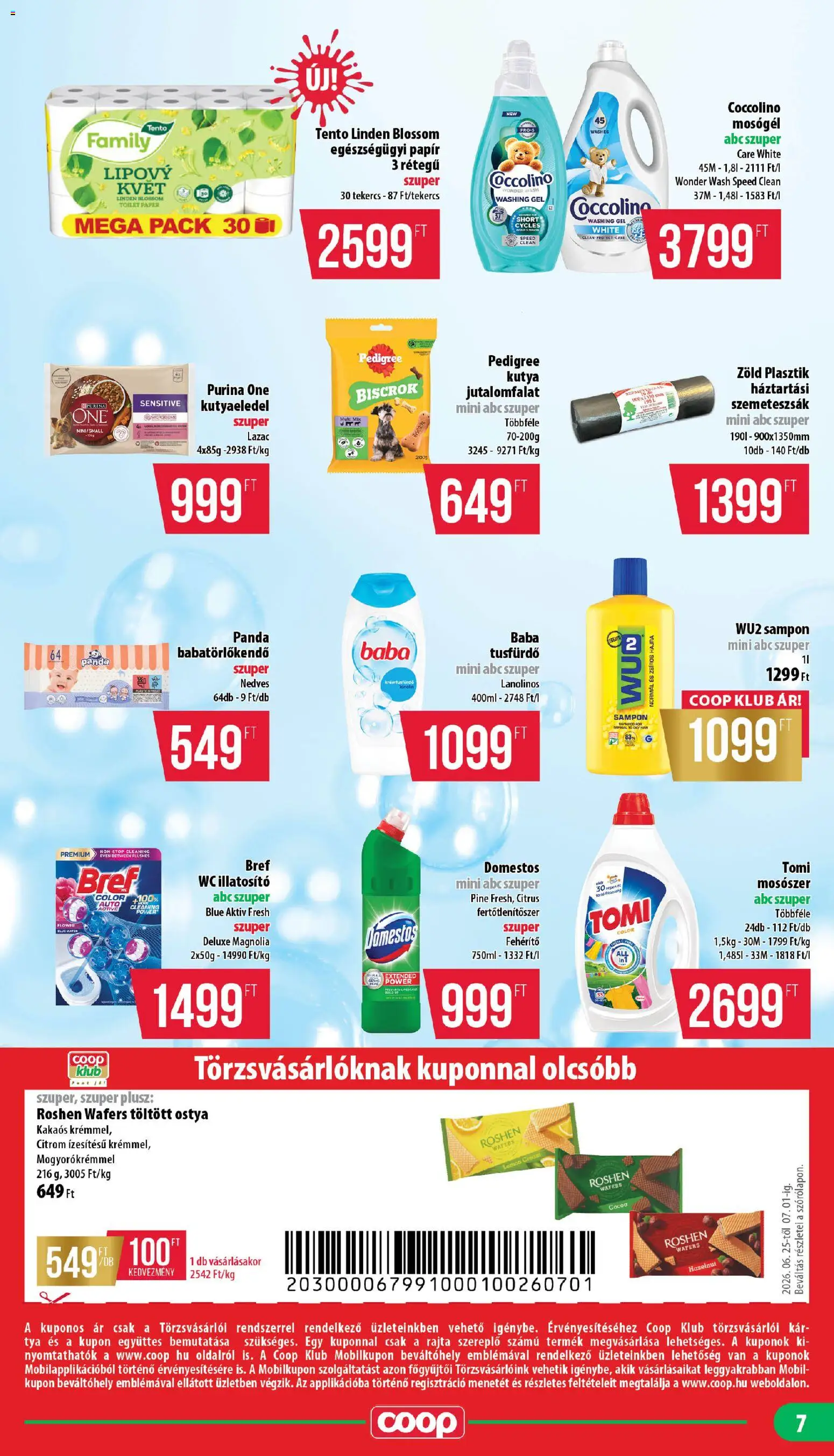 COOP akciós ujság - amely érvényes a következő dátumtól: 25.06.2026 | Oldal: 7 | Termékek: Szemeteszsák, Kutyaeledel, WC, Lazac