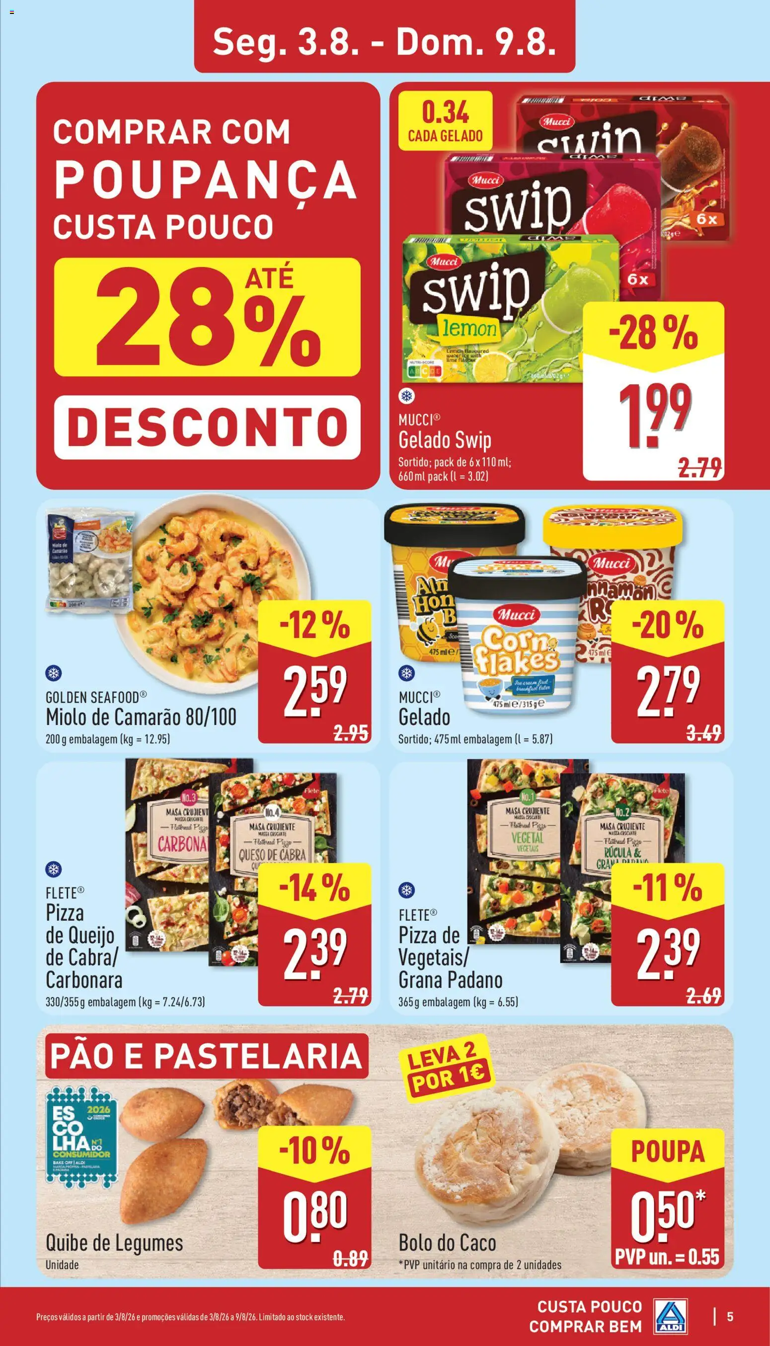 Aldi folheto │ válido de 03/08/2026 | Página: 5 | Produtos: Bolo, Rúcula, Pão, Pizza