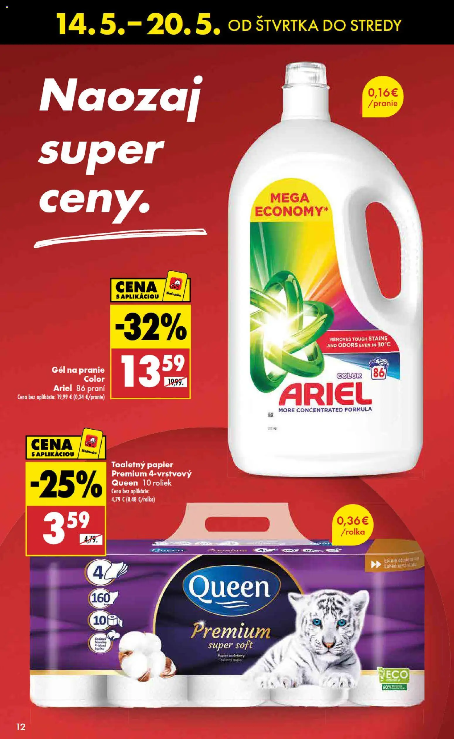 Nové Biedronka akcie – leták je platný od 14.05.2026 | Strana: 12 | Produkty: Toaletný papier, Ariel