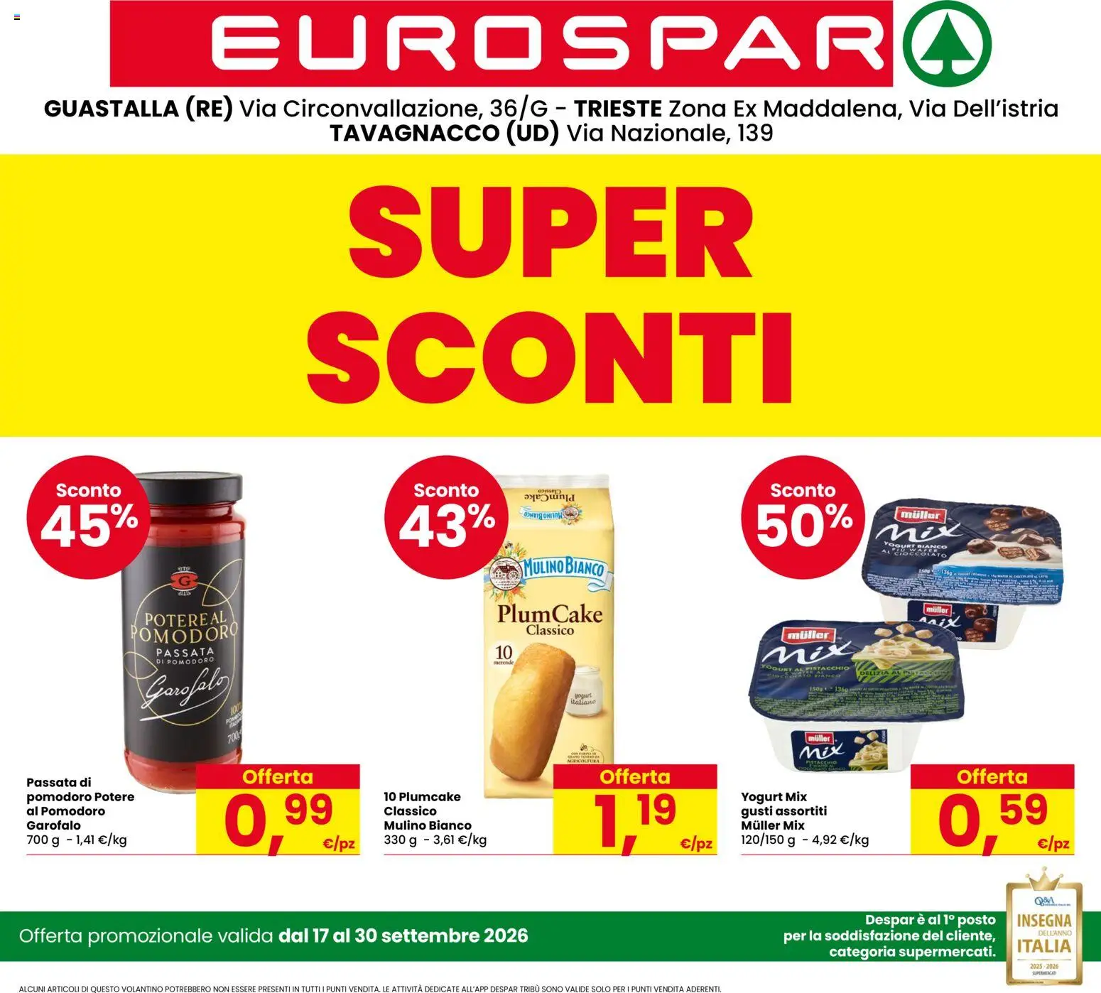 Volantino Eurospar del 17/09/2026 | Pagina: 1 | Prodotti: Yogurt, Garofalo, Plumcake, Yogurt bianco