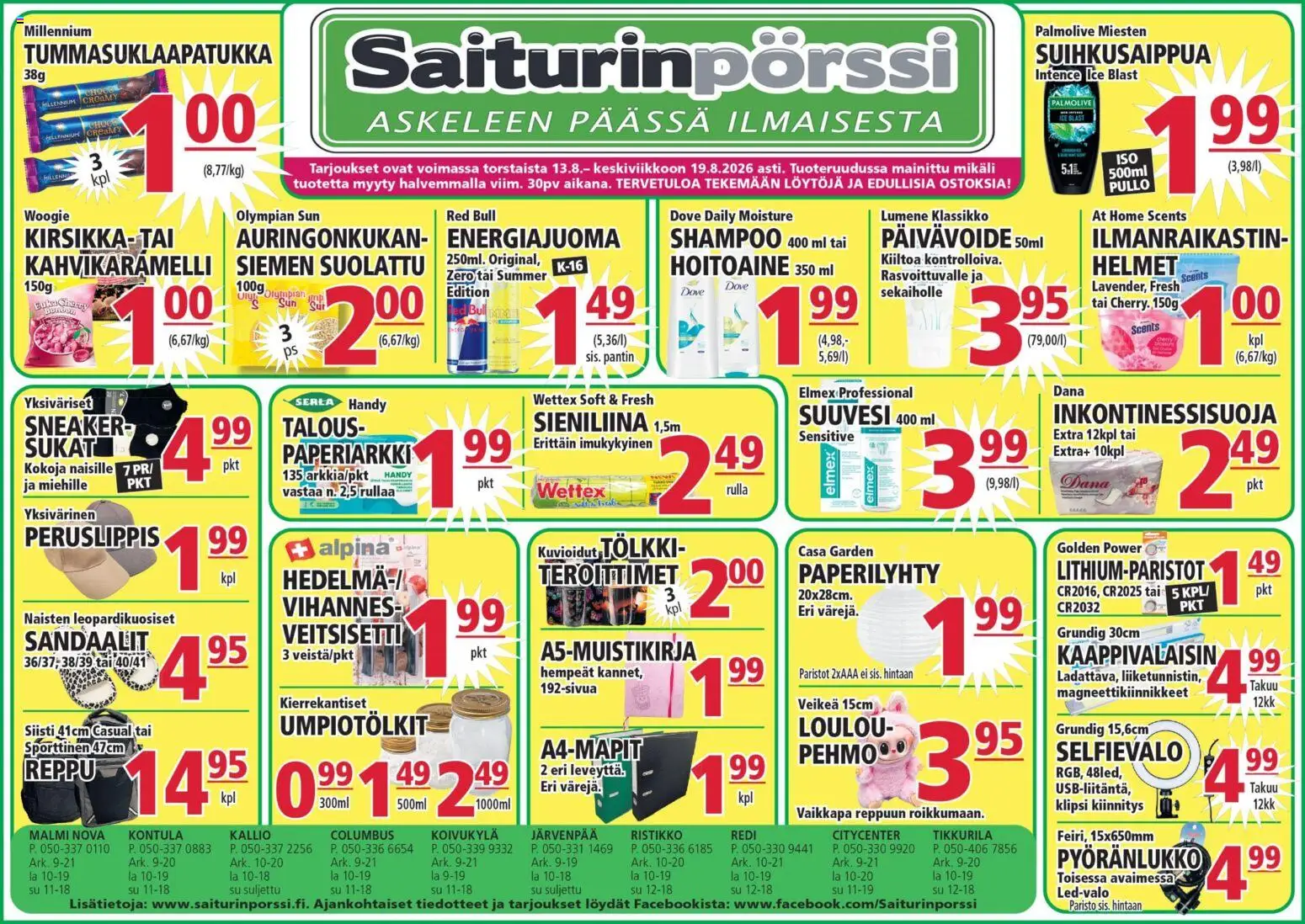 Saiturinpörssi tarjoukset – voimassa 13/08/2026 alkaen | Sivu: 1 | Tuotteet: Hoitoaine, Energiajuoma, Sandaalit, Reppu