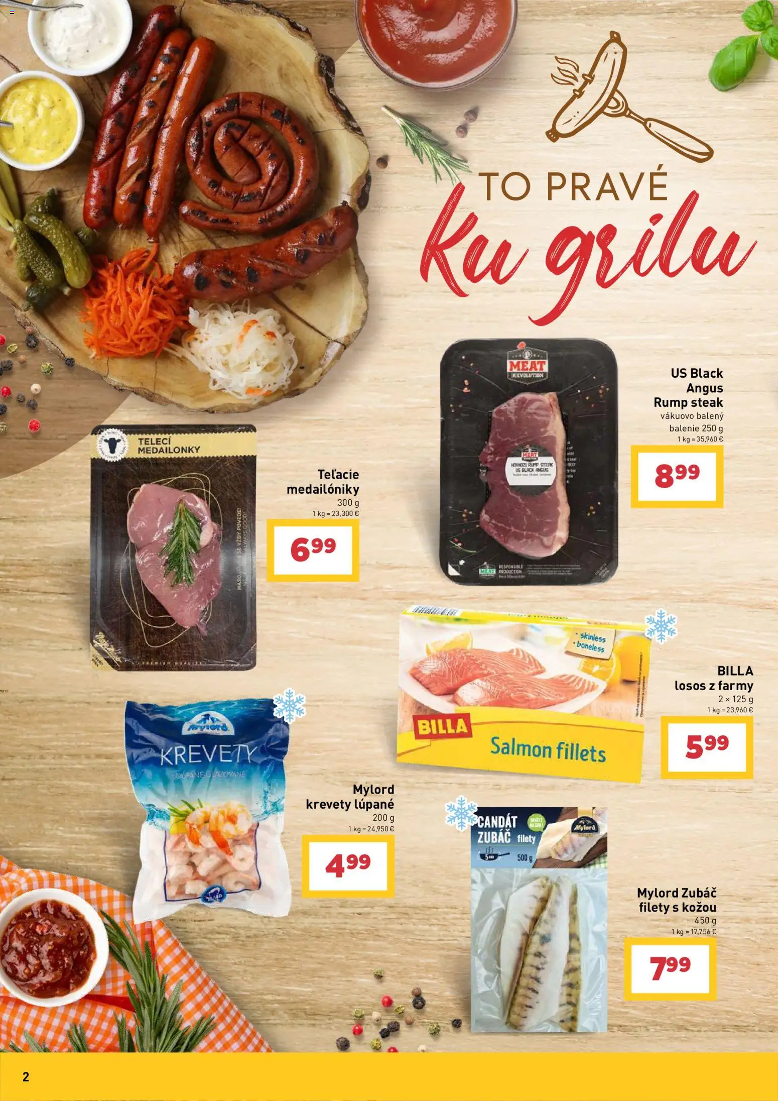 Nové Billa akcie – leták je platný od 17.06.2026 | Strana: 2 | Produkty: Krevety, Losos, Steak