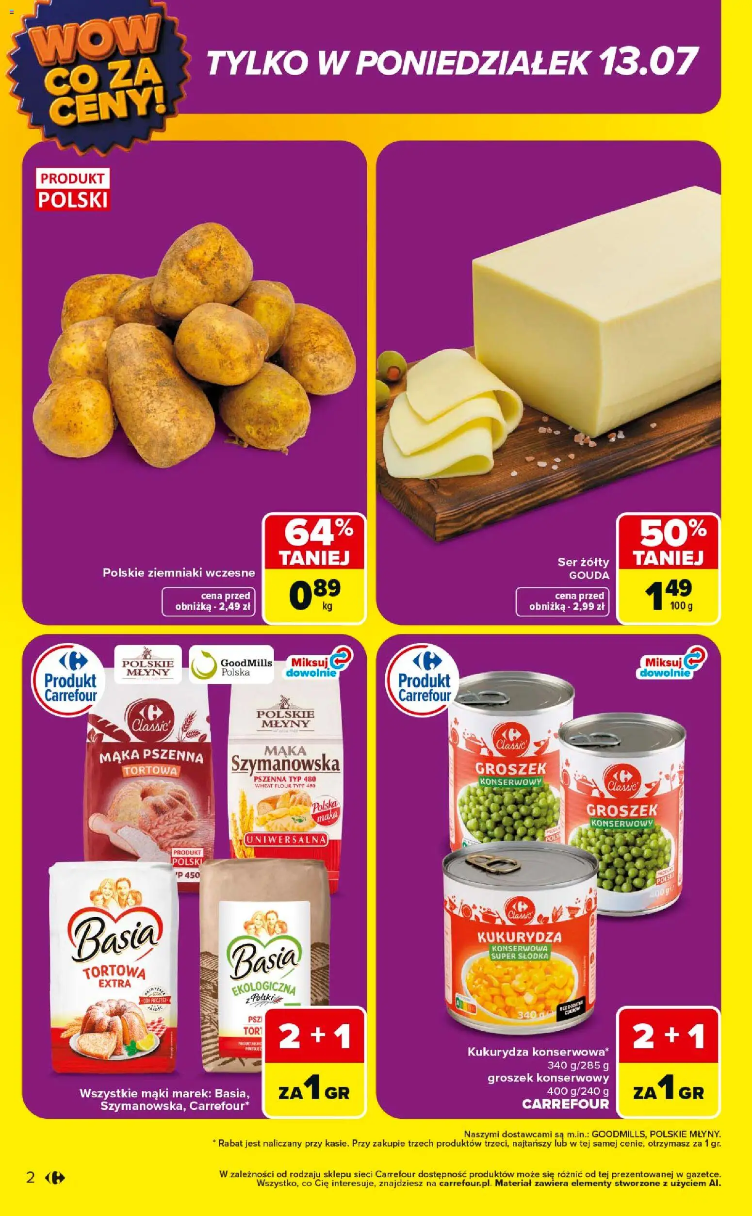 Carrefour gazetka - Wow co za ceny od 13.07.2026 | Strona: 2 | Produkty: Groszek, Kukurydza, Ser, Ziemniaki