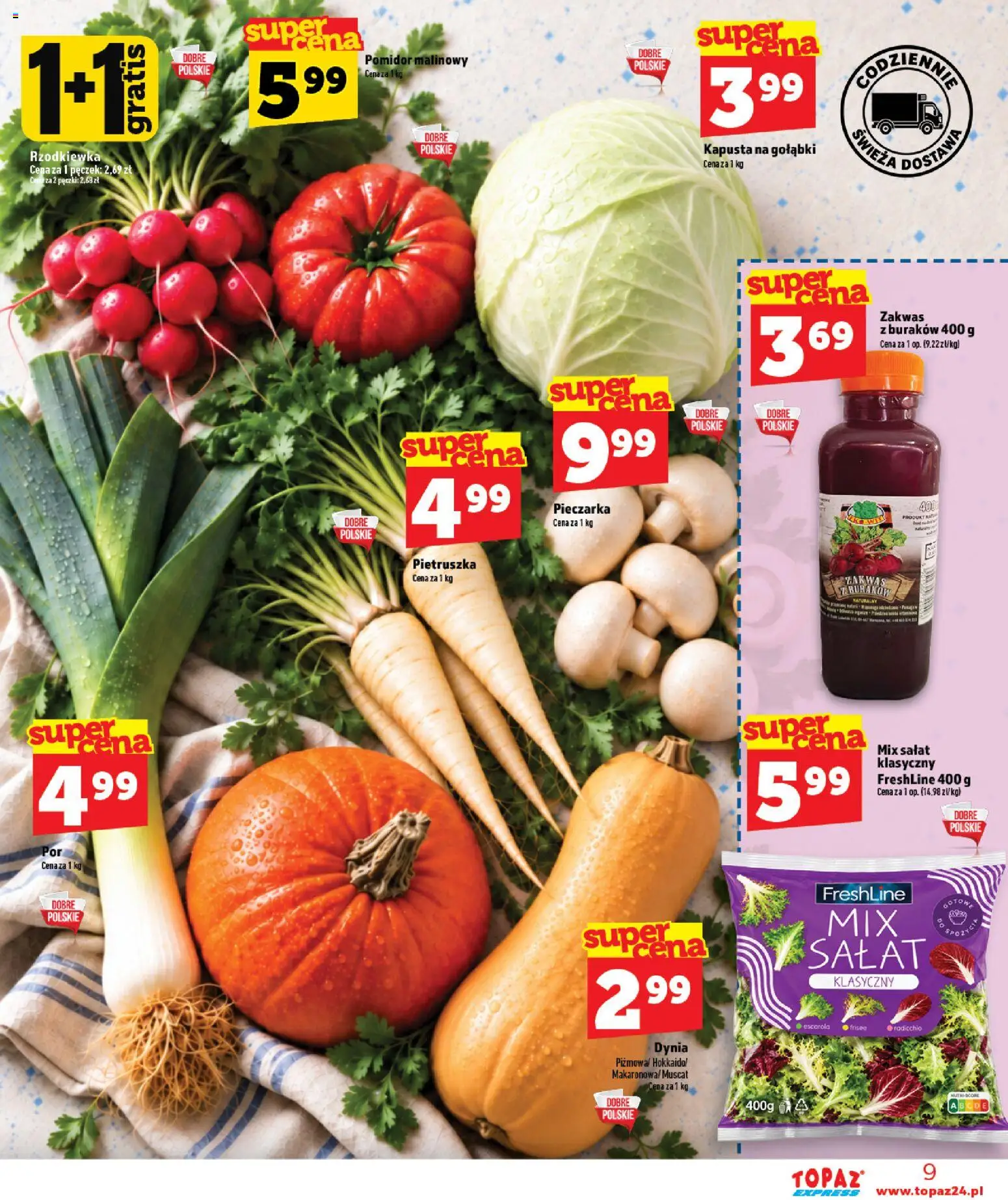Topaz gazetka - Express od 22.10.2026 | Strona: 9 | Produkty: Kapusta, Pietruszka, Kapusta na gołąbki, Pomidor