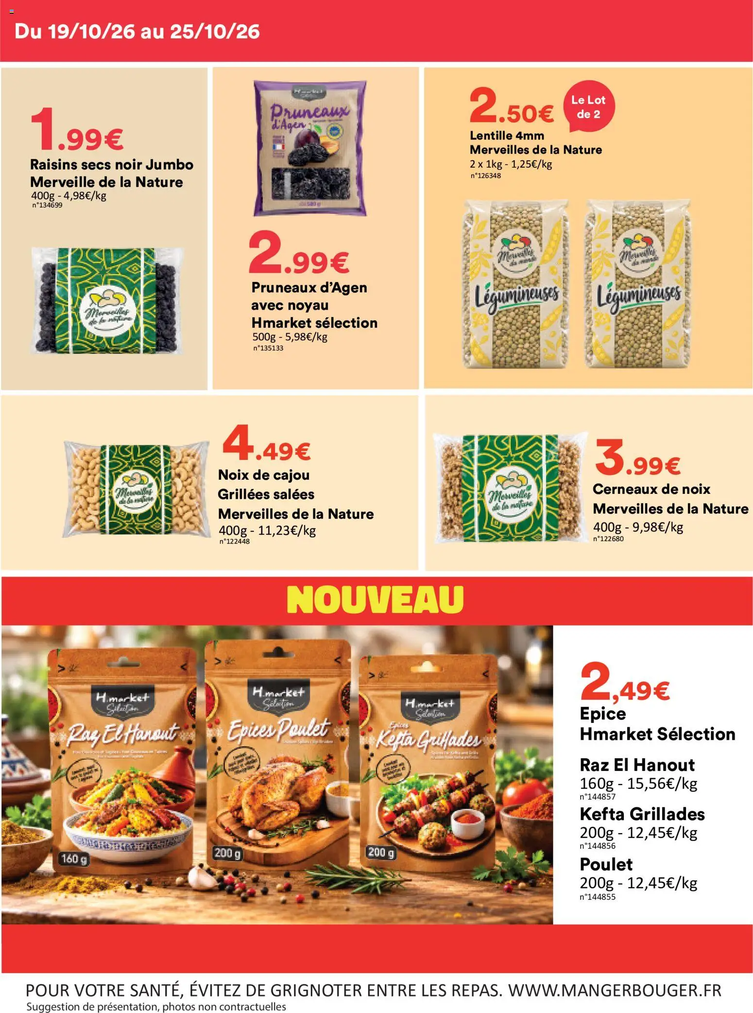{H1} | Page: 6 | Produits: Cerneaux de noix, Raisins secs, Poulet, Noix