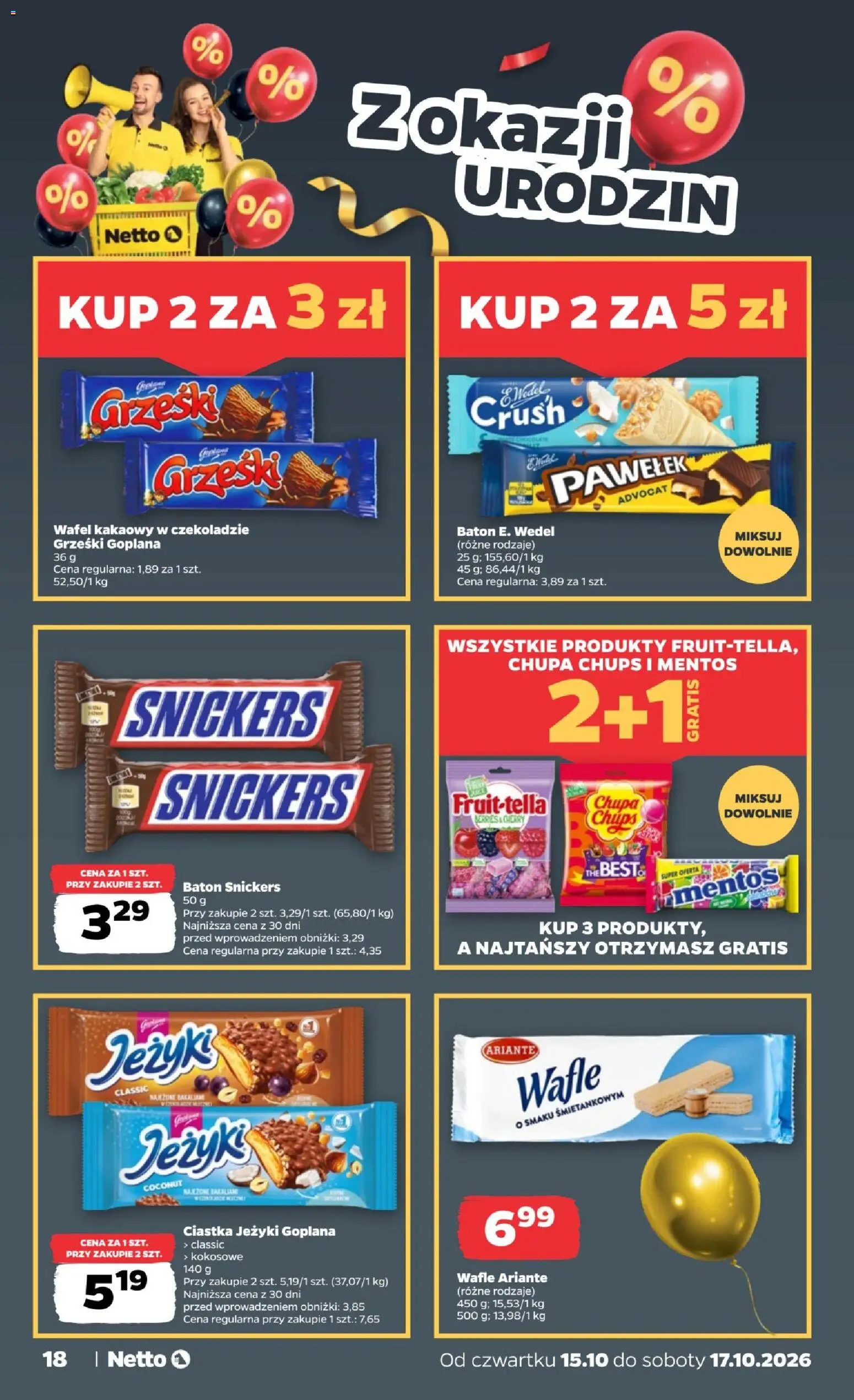 Netto gazetka od czwartku od 15.10.2026 | Strona: 18 | Produkty: Ciastka Jeżyki, Wafle, Snickers, Ciastka