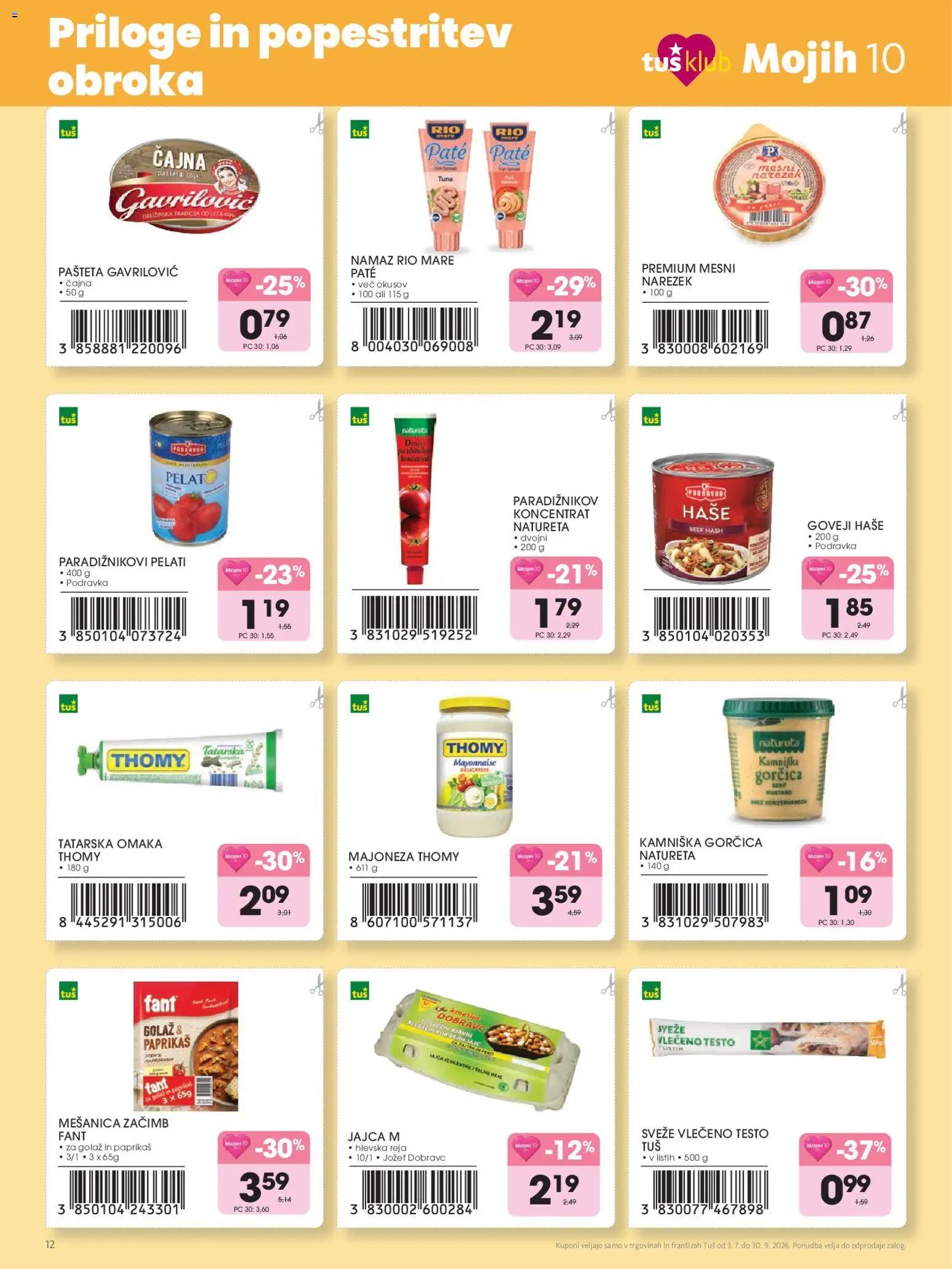 Novi Tuš katalog ponudbe – veljaven od 03.07.2026 | Stran: 12 | Izdelki: Pašteta, Narezek, Namaz, Omaka
