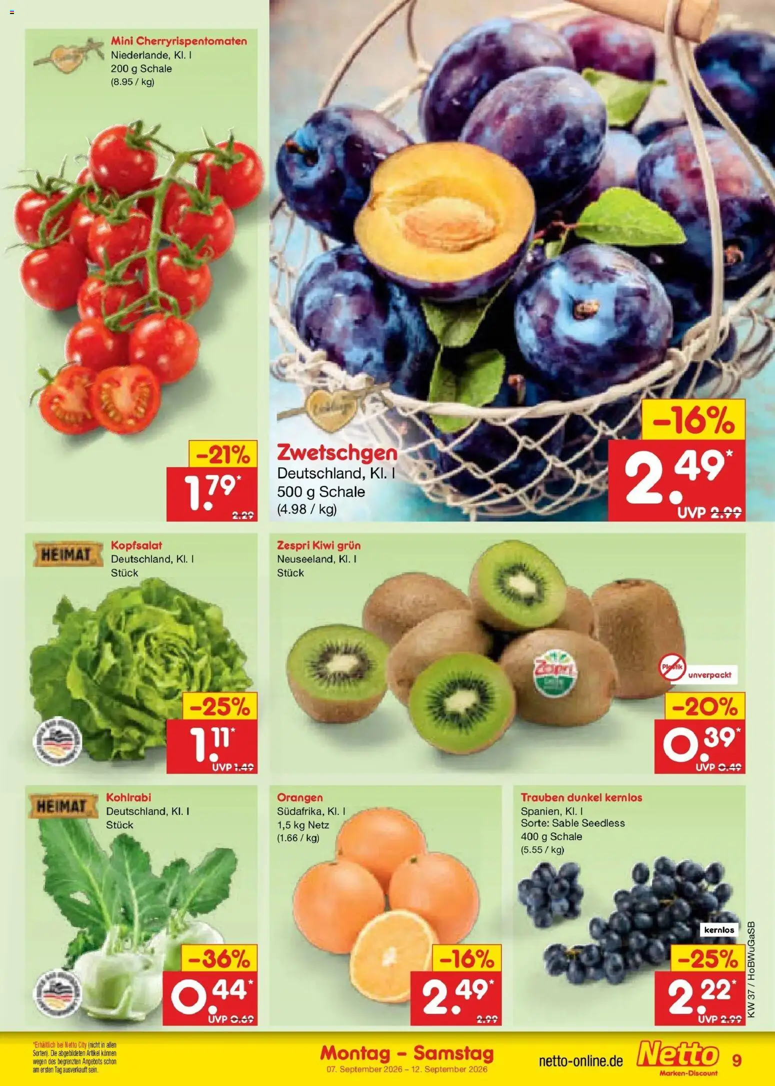 Netto Marken-Discount Prospekt Oldenburg – gültig ab 07.09.2026 | Seite: 15 | Produkte: Trauben, Kohlrabi, Zwetschgen, Kiwi
