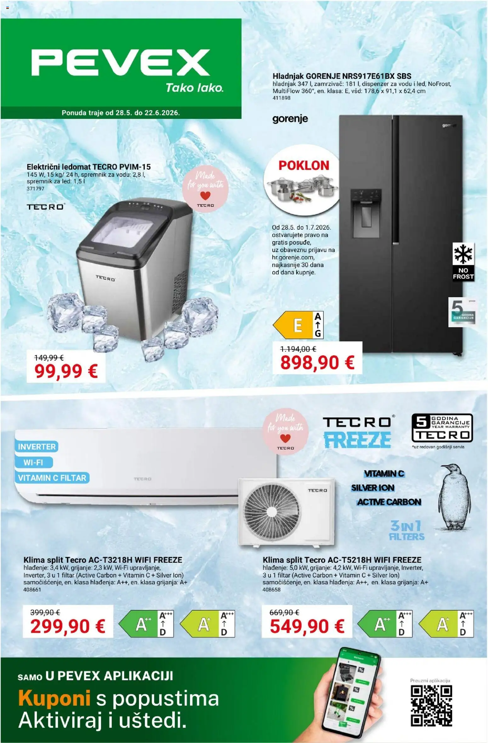 Pevex katalog | vrijedi od 28.05.2026 | Stranica: 1 | Proizvodi: Ledomat, Klima, Hladnjak, Zamrzivač