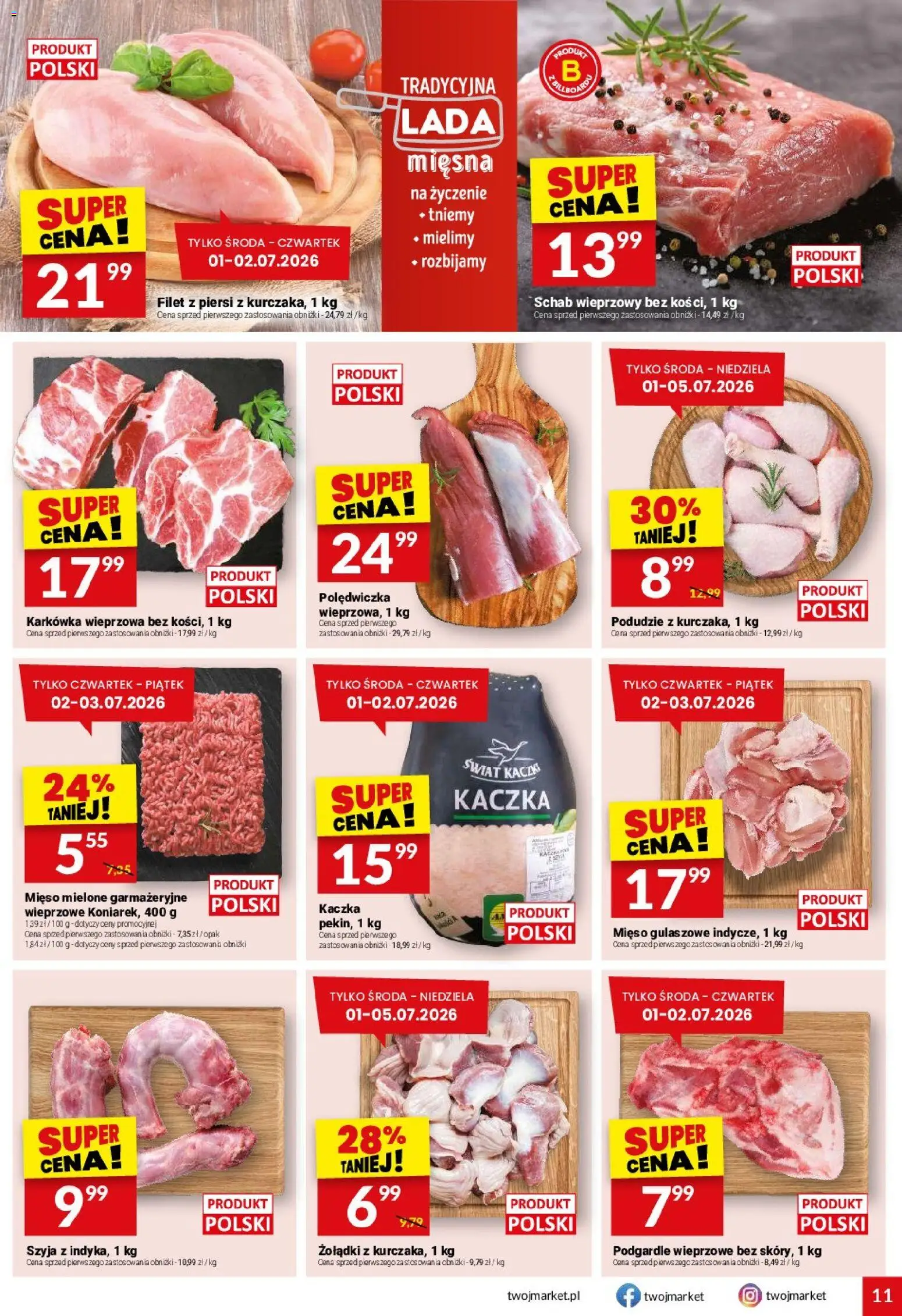 Twój Market gazetka od 01.07.2026 | Strona: 11 | Produkty: Karkówka wieprzowa, Mięso, Schab wieprzowy, Mięso mielone