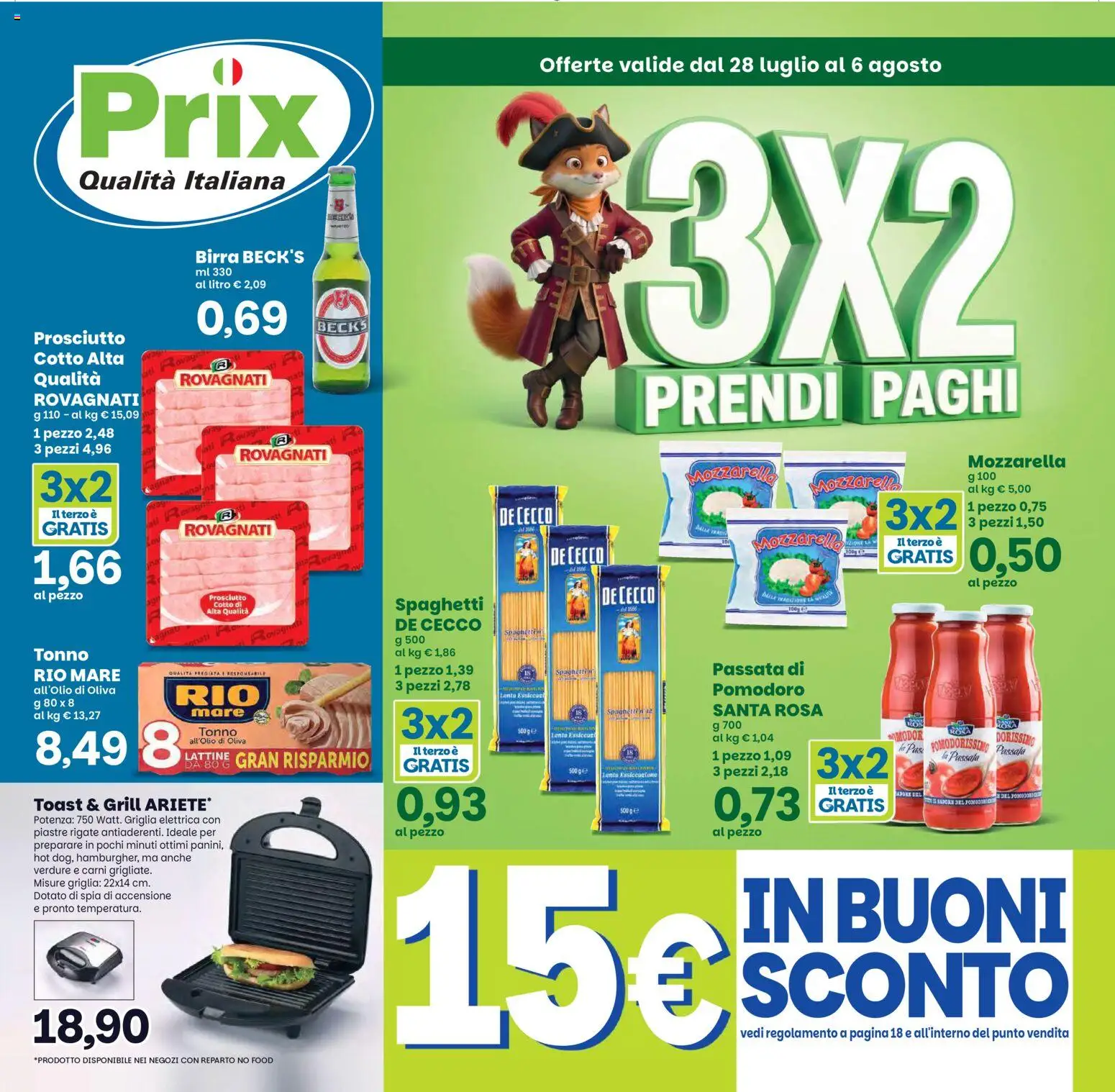Volantino Prix del 28/07/2026 | Pagina: 1 | Prodotti: Birra, Mozzarella, Pomodoro, Tonno