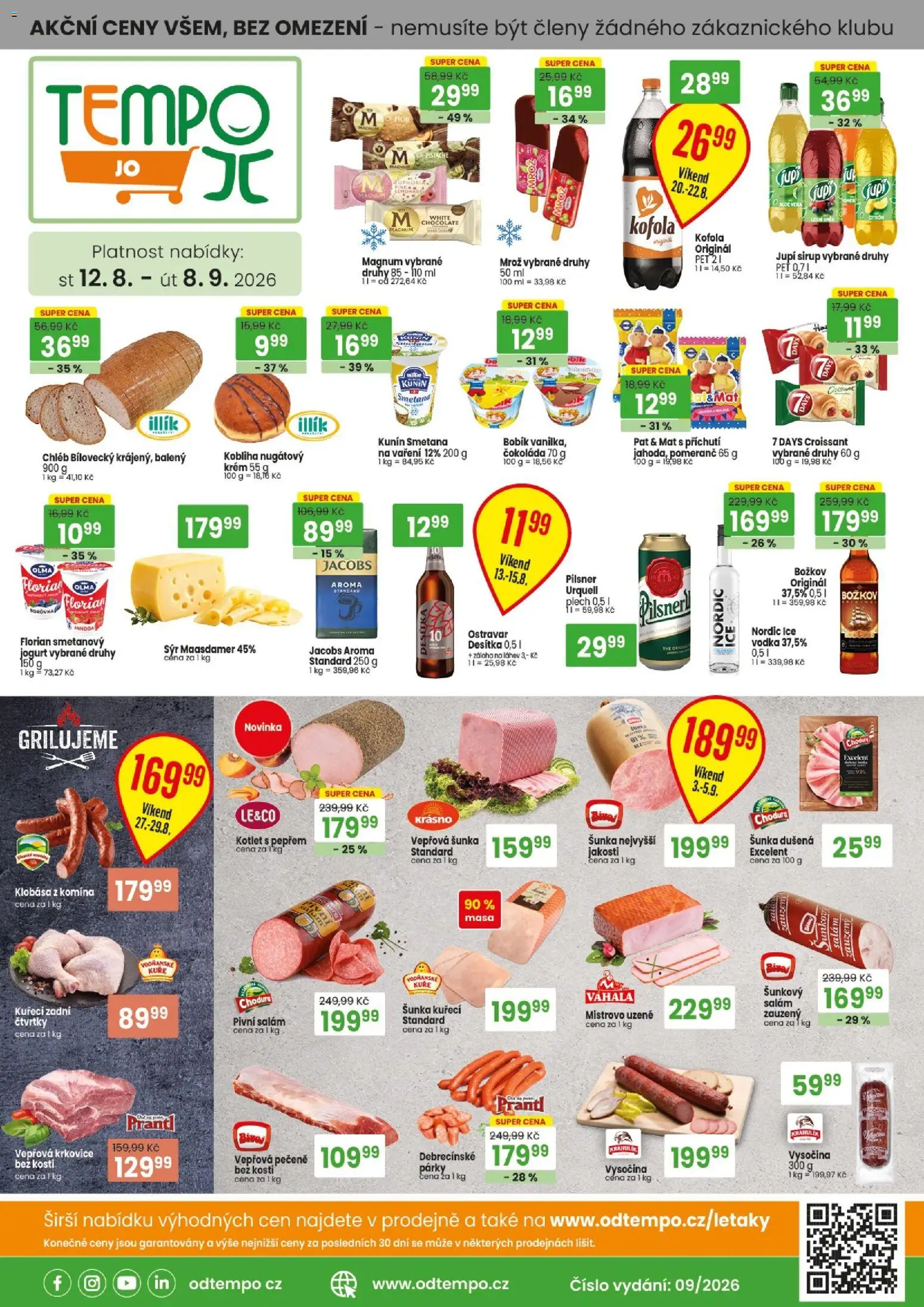 Tempo leták - JO od 12.08.2026 | Strana: 1 | Produkty: Sýr Maasdamer, Pilsner, Croissant, Vepřová krkovice