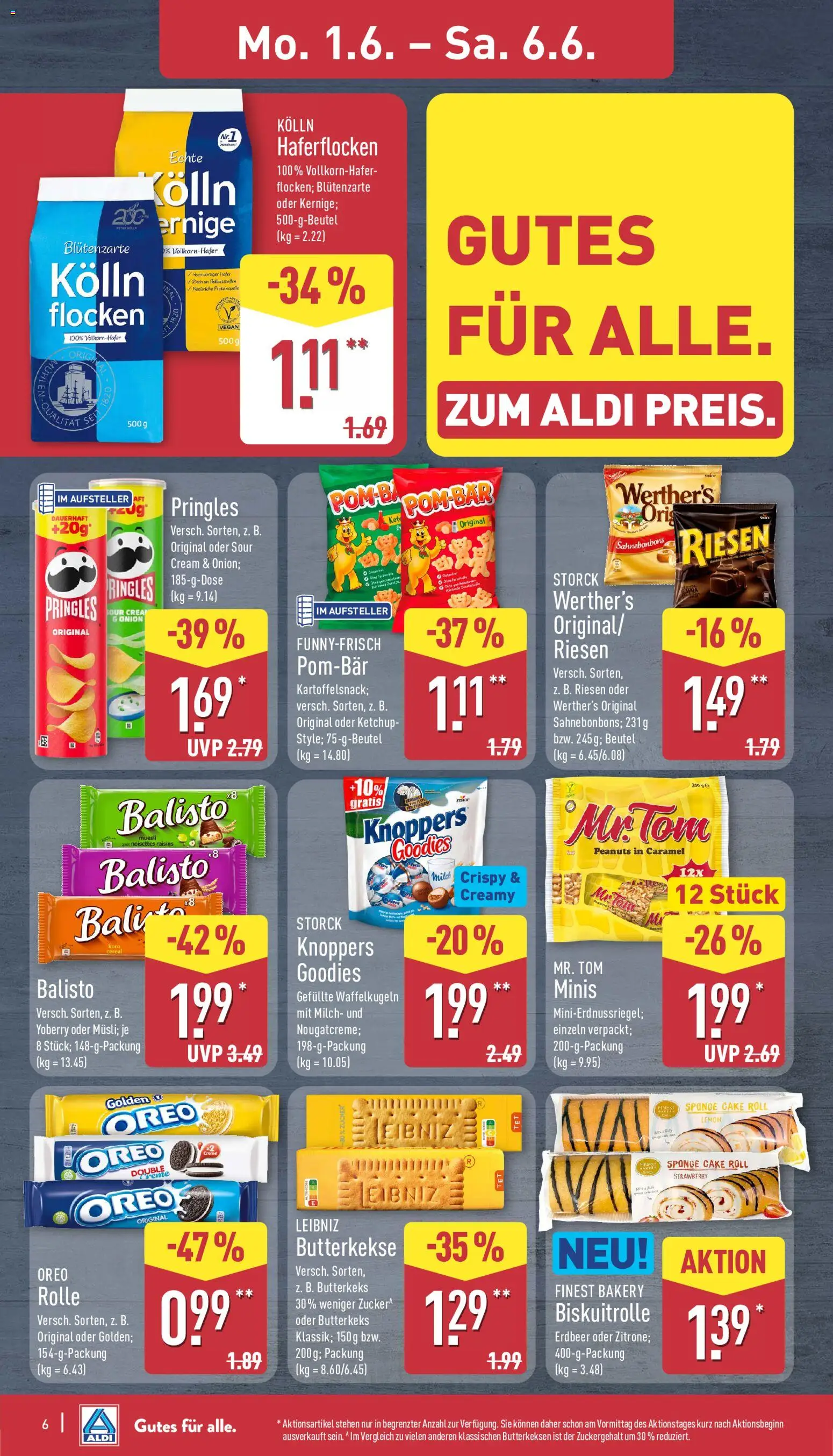 Aldi Prospekt – gültig ab 01.06.2026 | Seite: 6 | Produkte: Kolln, Milch, Knoppers, Pringles