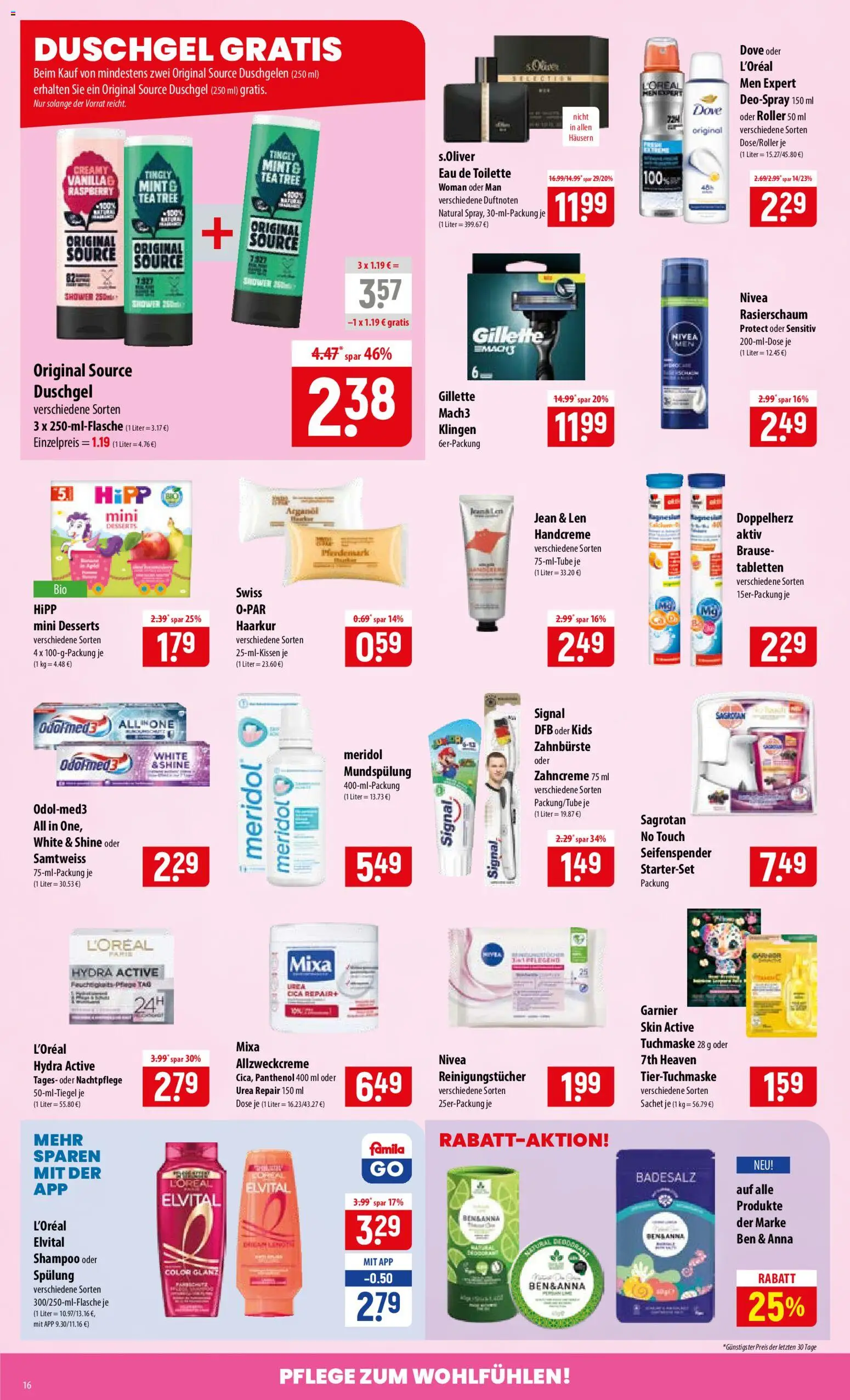 Famila Prospekt – gültig ab 29.06.2026 | Seite: 16 | Produkte: Spülung, Zahnbürste, Reinigungstücher, Tuchmaske