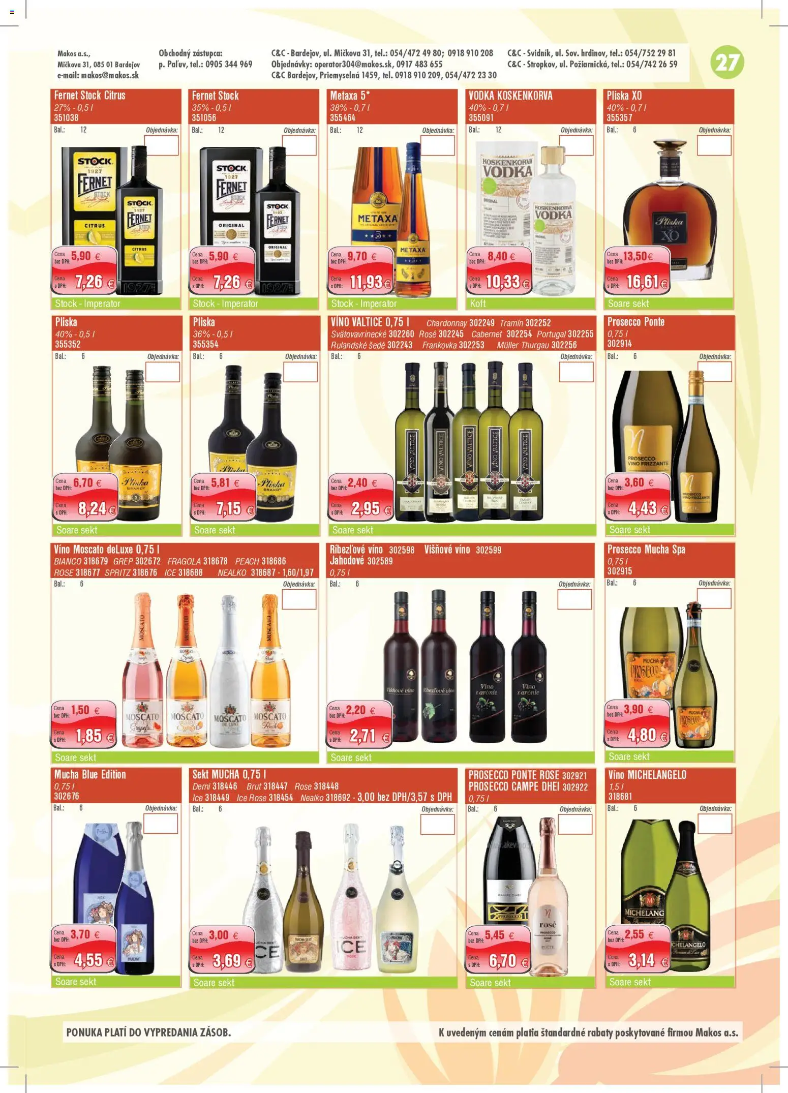 Nové Makos akcie – leták je platný od 04.05.2026 | Strana: 27 | Produkty: Prosecco, Vodka, Fernet, Fernet Stock