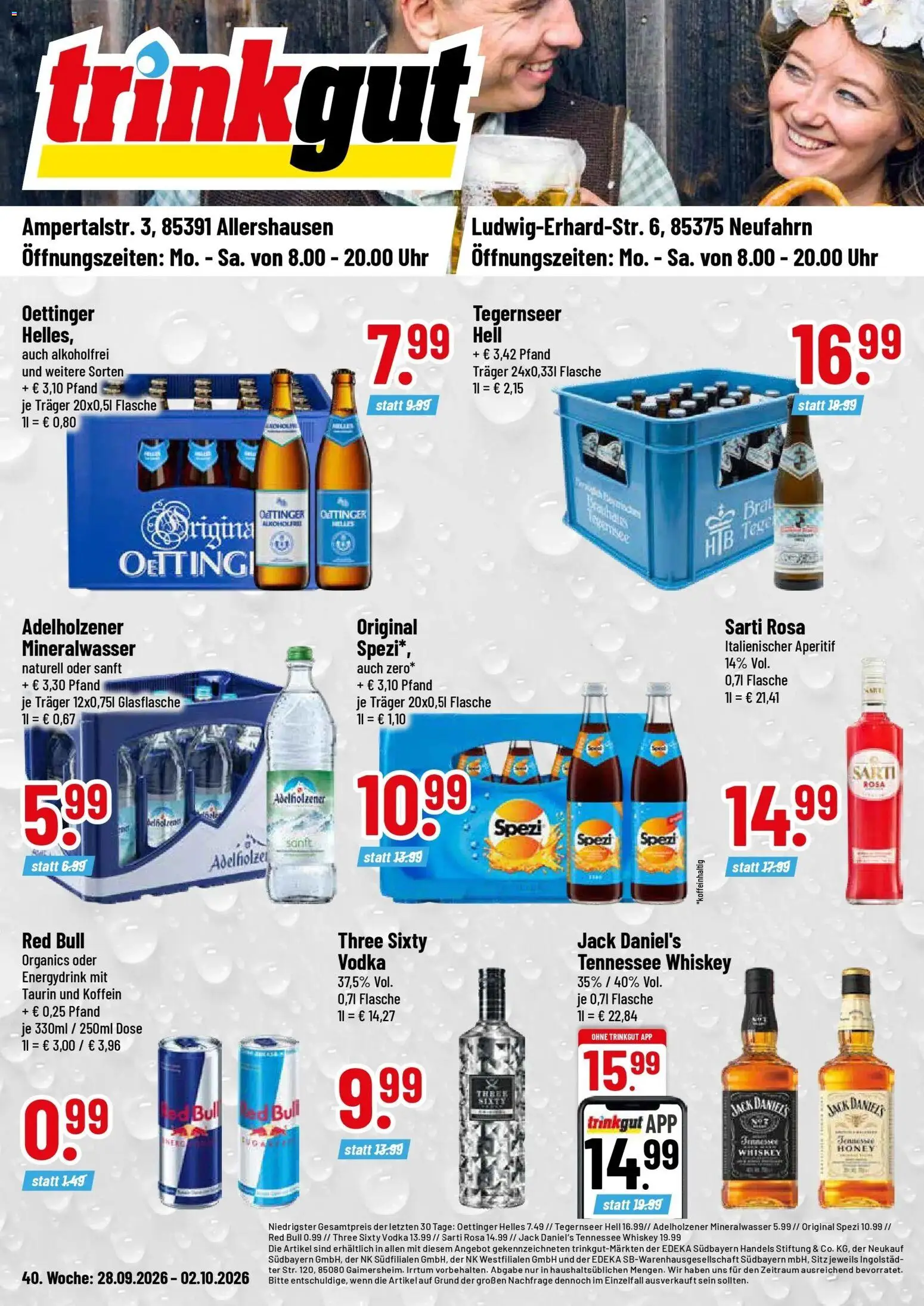 Trinkgut Prospekt Neufahrn – gültig ab 28.09.2026 | Seite: 1 | Produkte: Red bull, Adelholzener, Vodka, Uhr