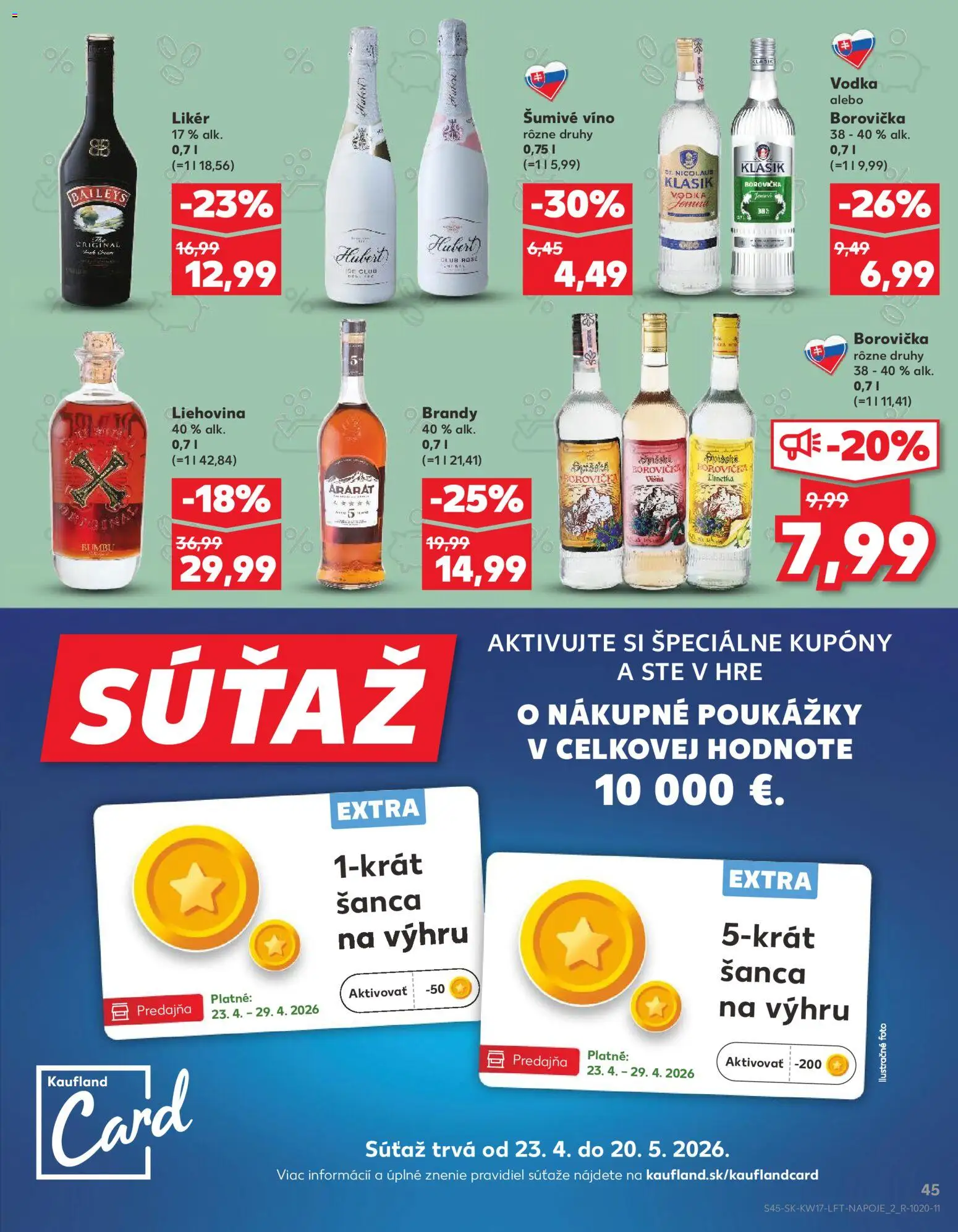 Nové Kaufland akcie – leták je platný od 23.04.2026 | Strana: 45 | Produkty: Borovička, Brandy, Vodka, Šumivé víno