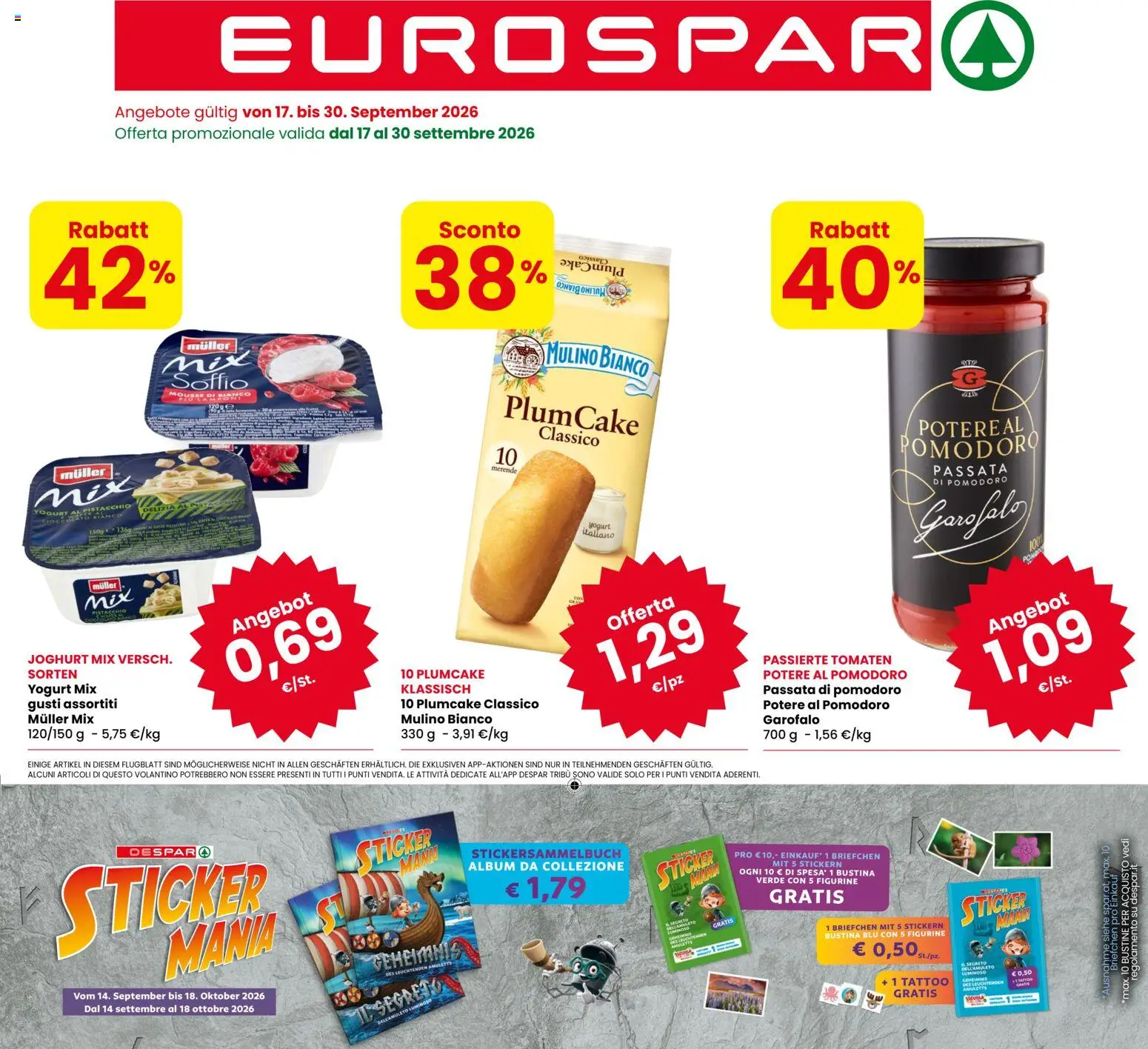 Volantino Eurospar del 17/09/2026 | Pagina: 1 | Prodotti: Pistacchio, Garofalo, Pomodoro, Plumcake