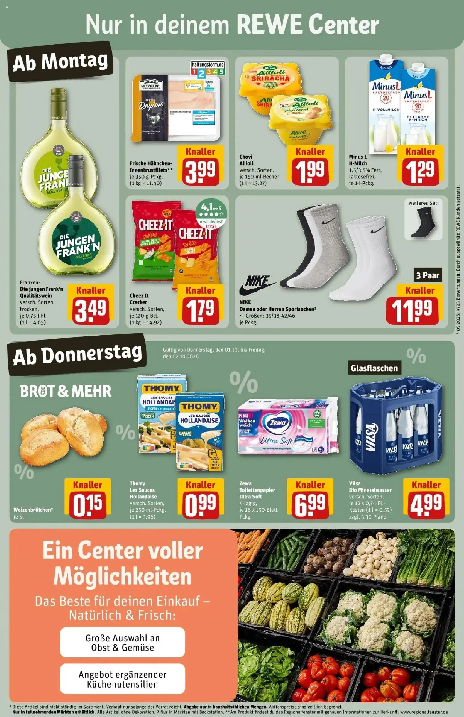 REWE Prospekt ab 28.09.2026 zum Blättern » Angebote | Seite: 5 | Produkte: Mineralwasser, Gemüse, Obst, Wein