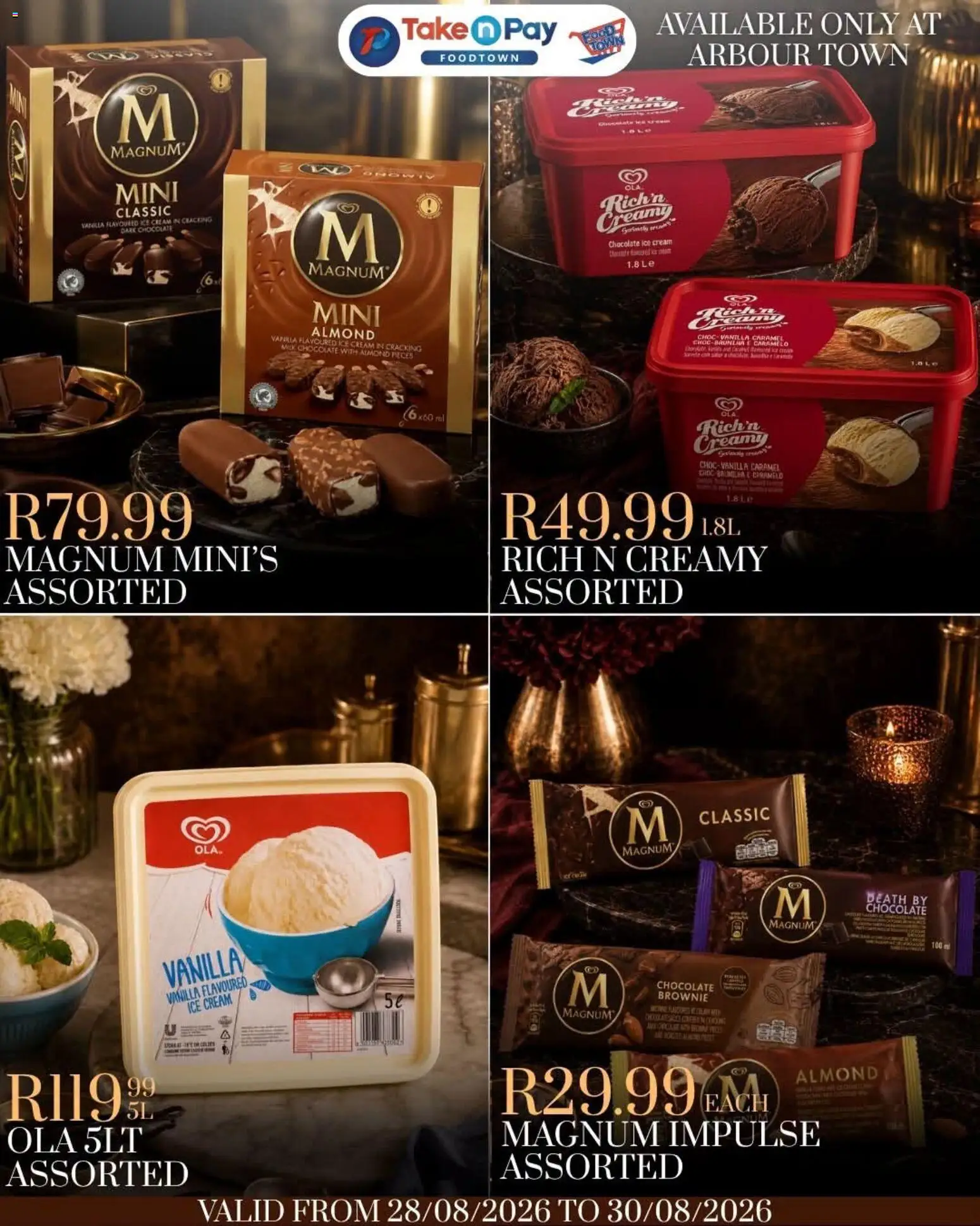 New Take n Pay catalogue – valid from 28/08/2026 | Page: 1 | Products: Vanilla, Chocolate, Cream, Caramel
