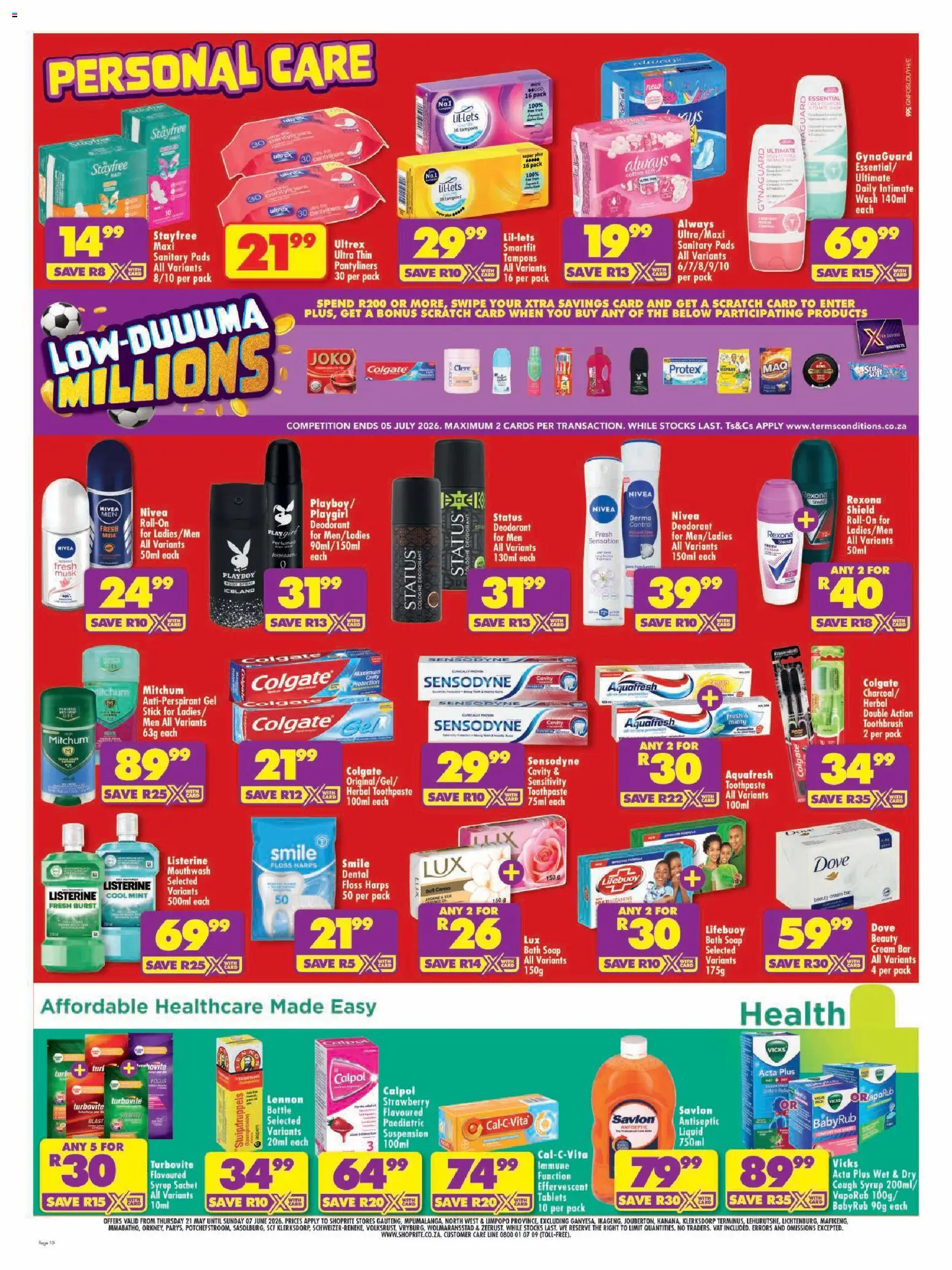 New Shoprite catalogue – valid from 21.05.2026 | Page: 10 | Products: Pads, Antiseptic liquid, Cream, Toothpaste
