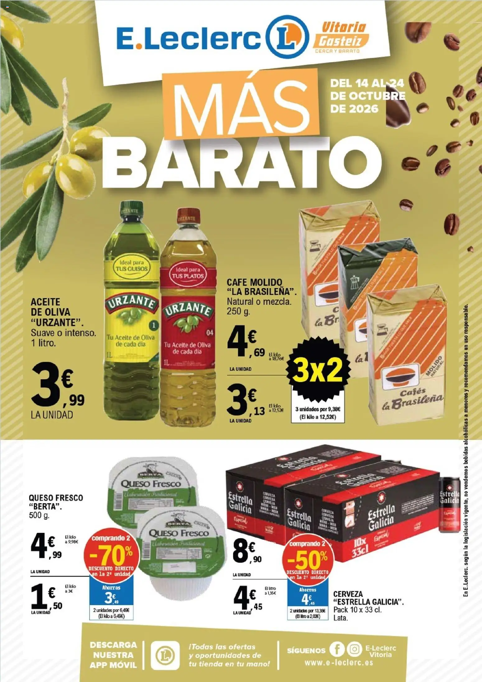 E.Leclerc - Vitoria-Gasteiz │ válido desde el 14/10/2026 | Página: 1 | Productos: Aceite, Queso fresco, Café molido, Bebidas