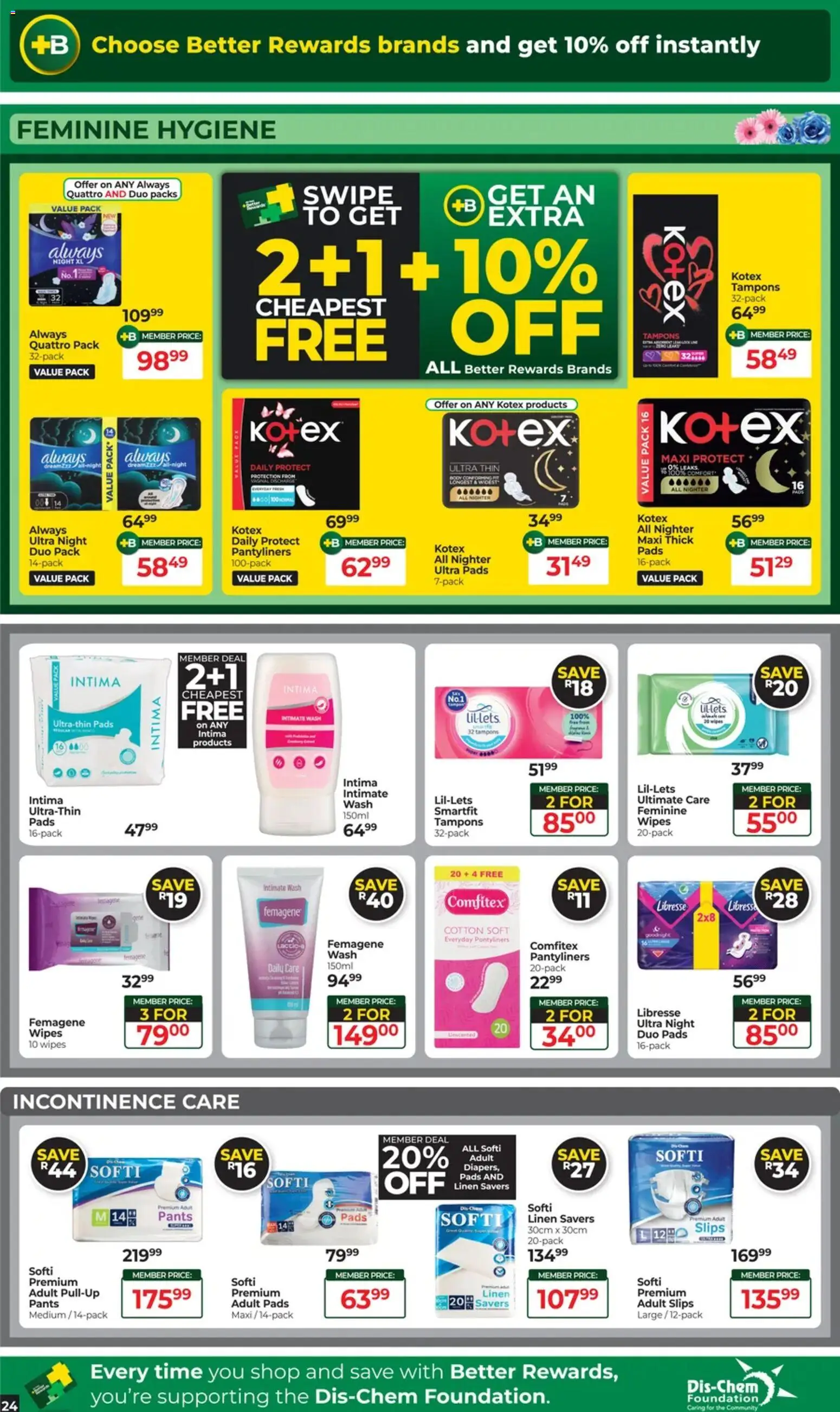 New Dis-Chem catalogue – valid from 11/08/2026 | Page: 20 | Products: Pants, Intimate wash, Pads, Foundation