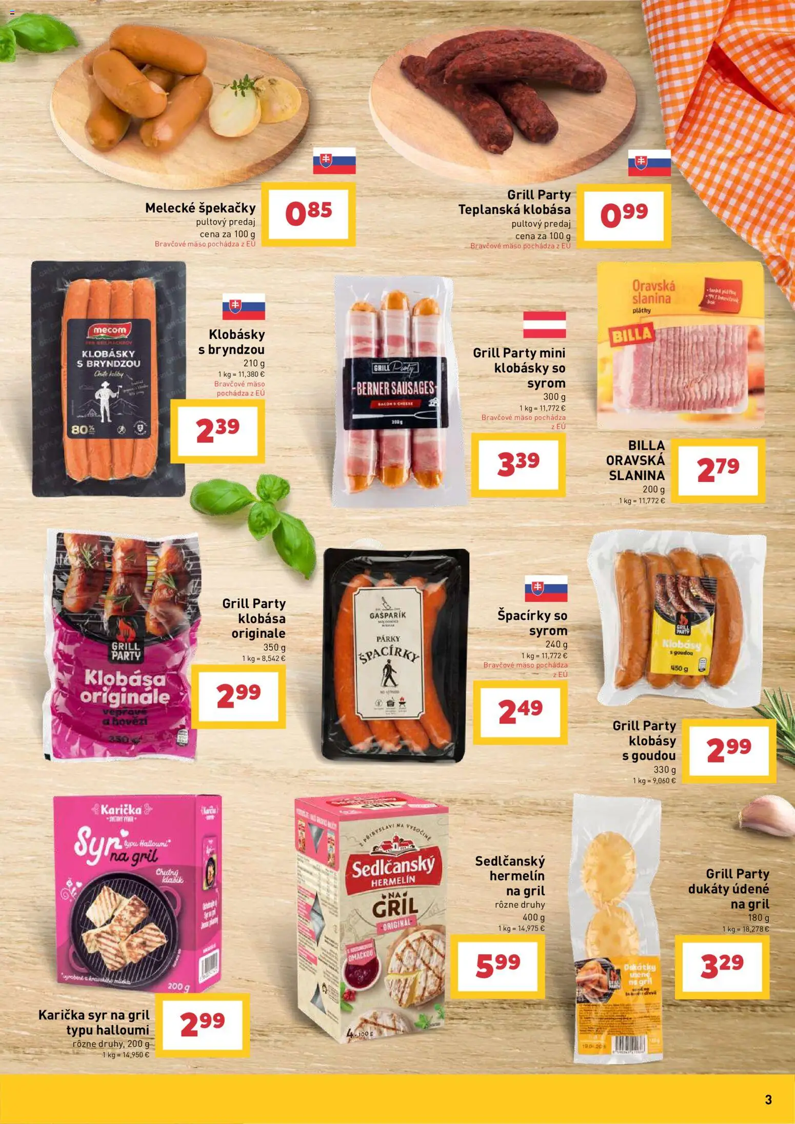 Nové Billa akcie – leták je platný od 17.06.2026 | Strana: 3 | Produkty: Gril, Syr, Slanina