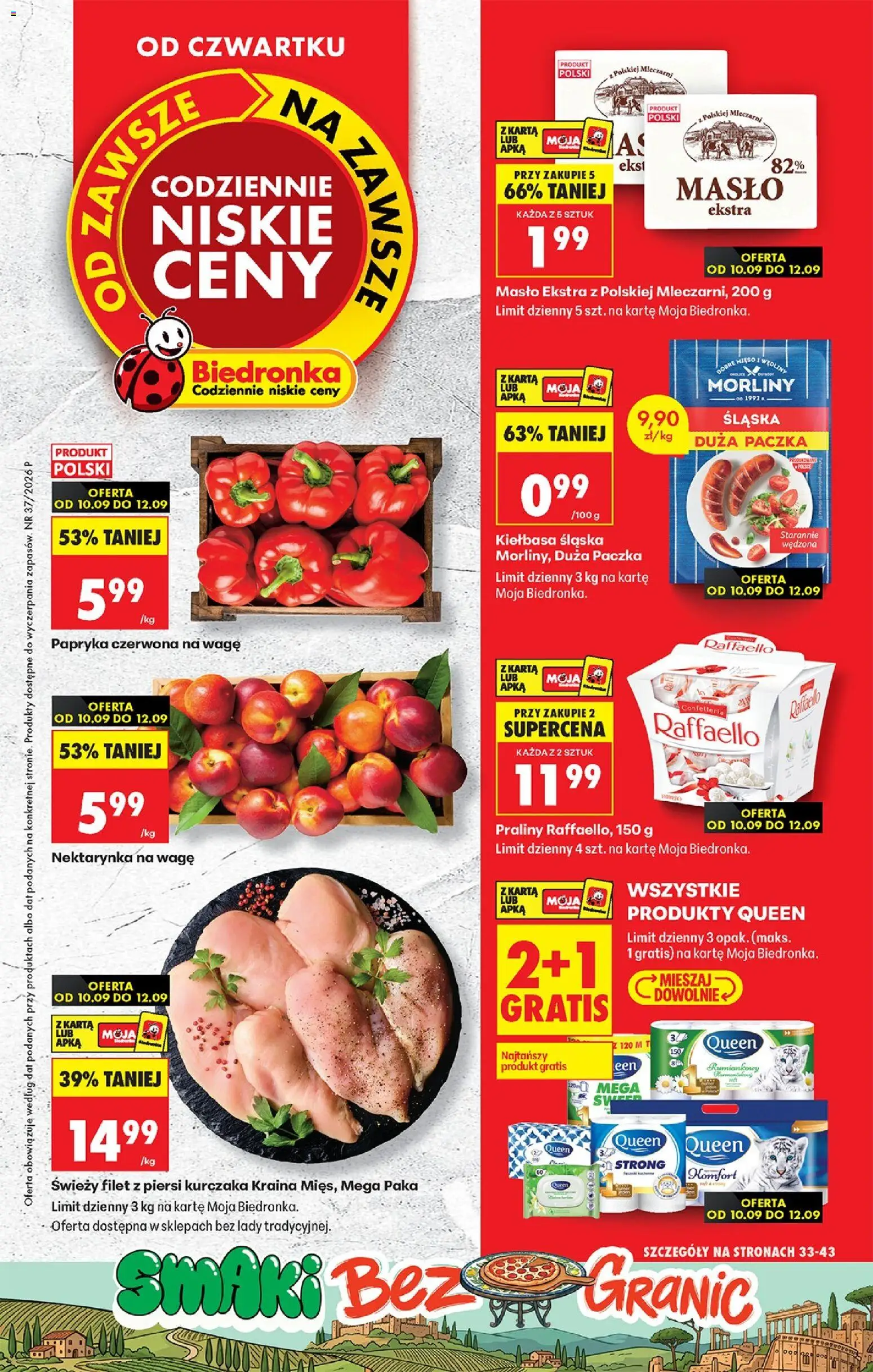 Biedronka gazetka od czwartku od 10.09.2026 | Strona: 1 | Produkty: Nektarynka, Piersi, Praliny, Bell