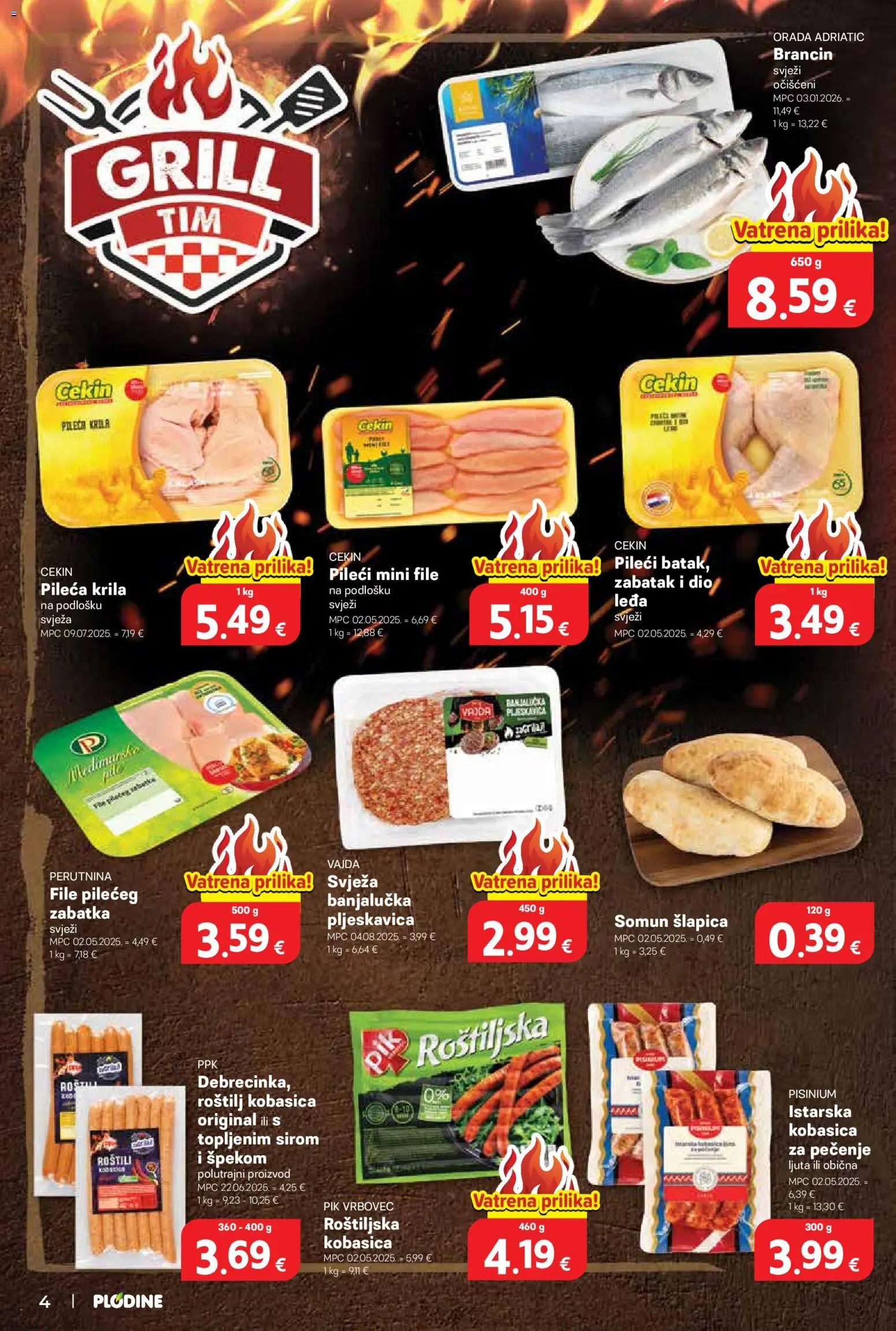 Plodine katalog | vrijedi od 13.05.2026 | Stranica: 4 | Proizvodi: Pileća krila, Brancin, Kobasica, Pik Vrbovec