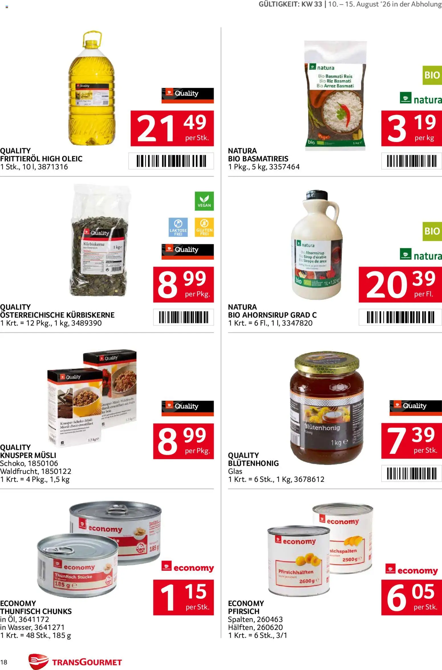 Transgourmet Flugblatt gültig ab 10.08.2026 | Seite: 18 | Produkte: Pfirsich, Huile à frire, Reis