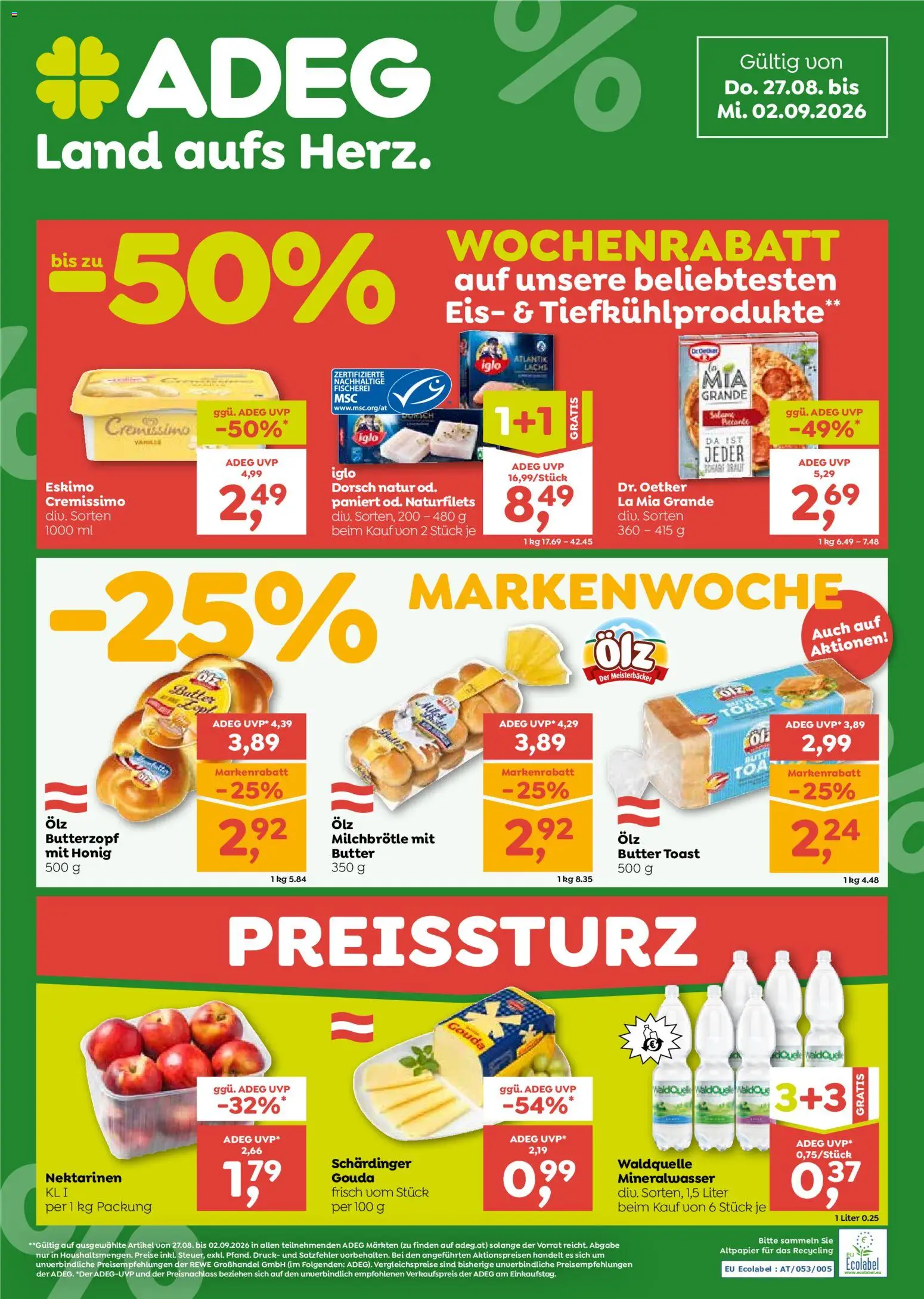 ADEG Flugblatt gültig ab 27.08.2026 | Seite: 1 | Produkte: Eis, Mineralwasser, Butter