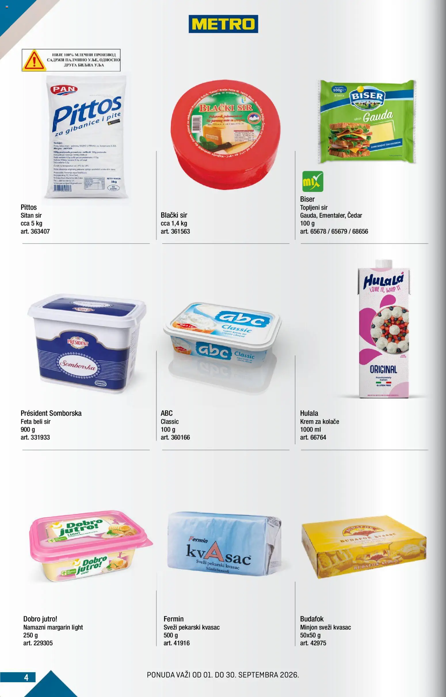 Metro katalog - važi od 01.09.2026 | Strana: 4 | Proizvode: Kvasac, Sitan sir, Margarin, Krem