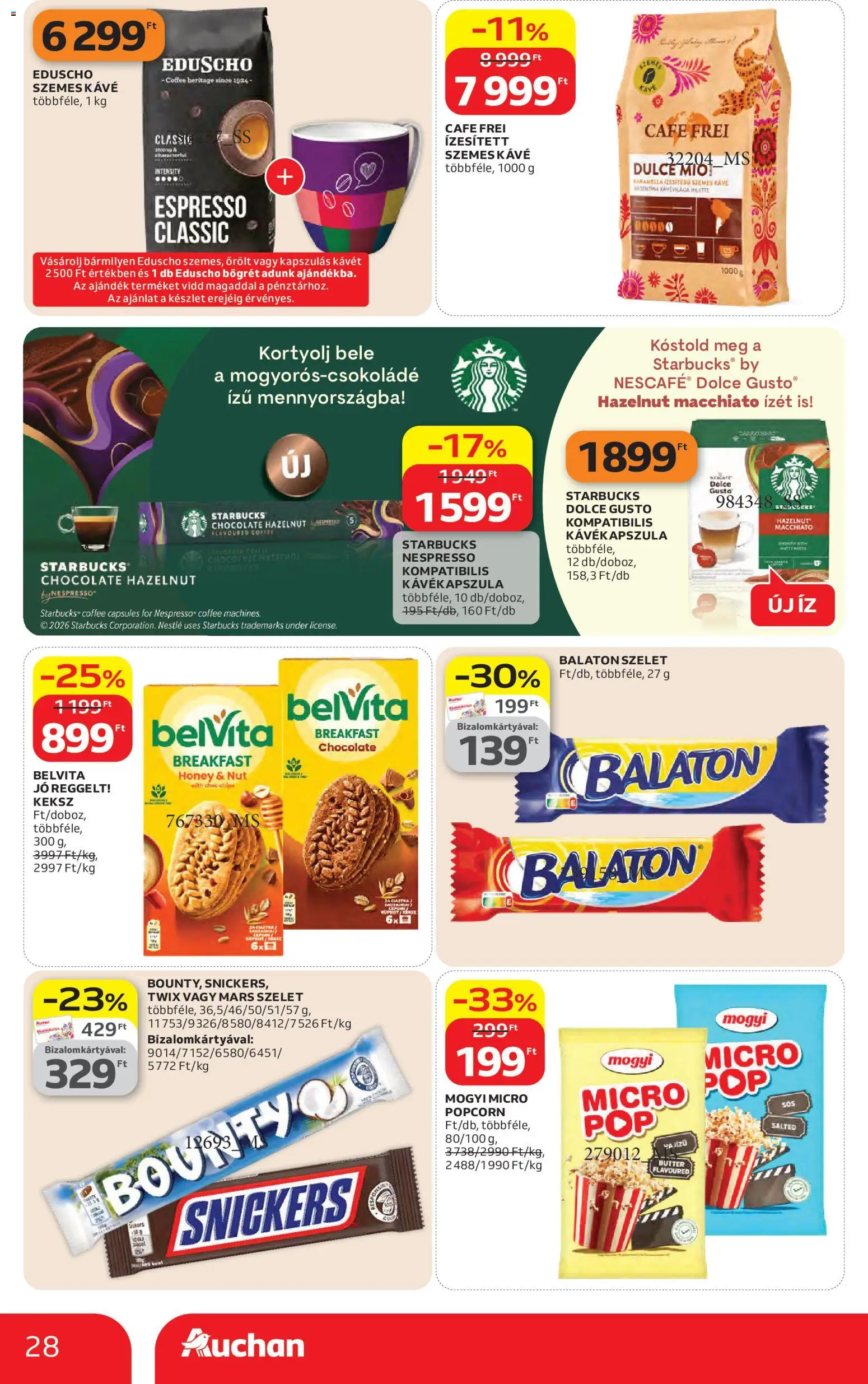 Auchan akciós ujság - amely érvényes a következő dátumtól: 16.04.2026 | Oldal: 28 | Termékek: Dolce Gusto, Popcorn, Szemes kávé, Keksz