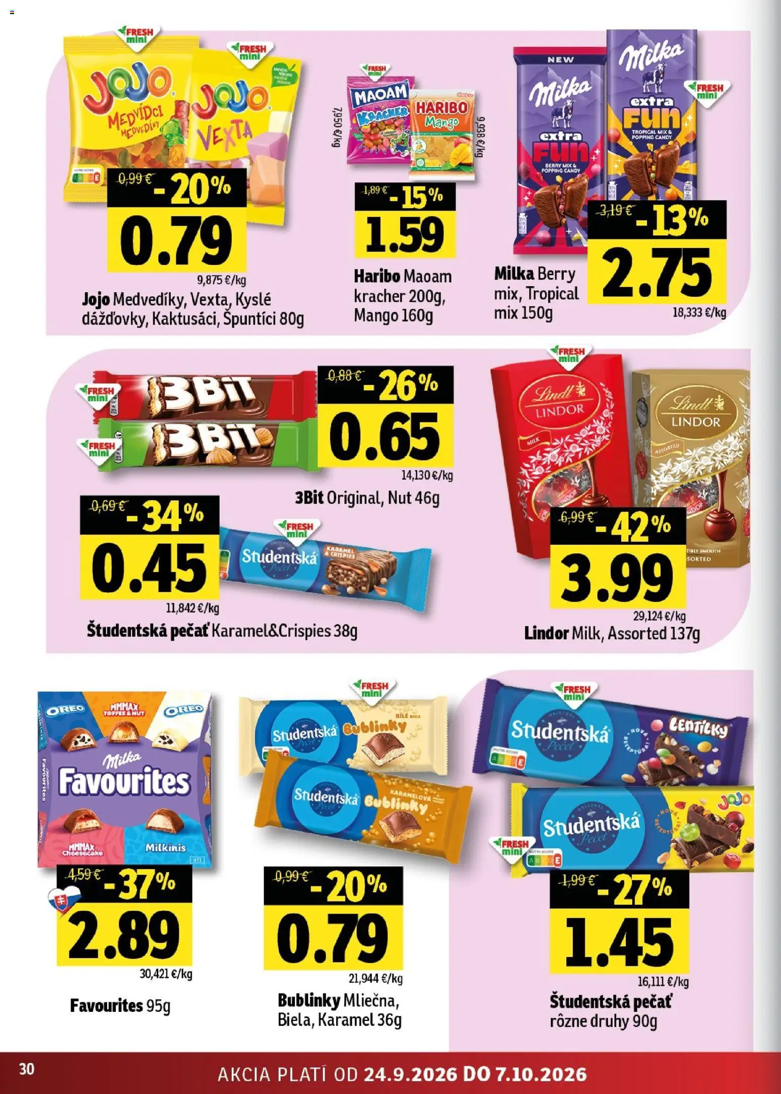 Nové Fresh akcie – leták je platný od 24.09.2026 | Strana: 30 | Produkty: Lindor, Lindt, Študentská pečať, Mango