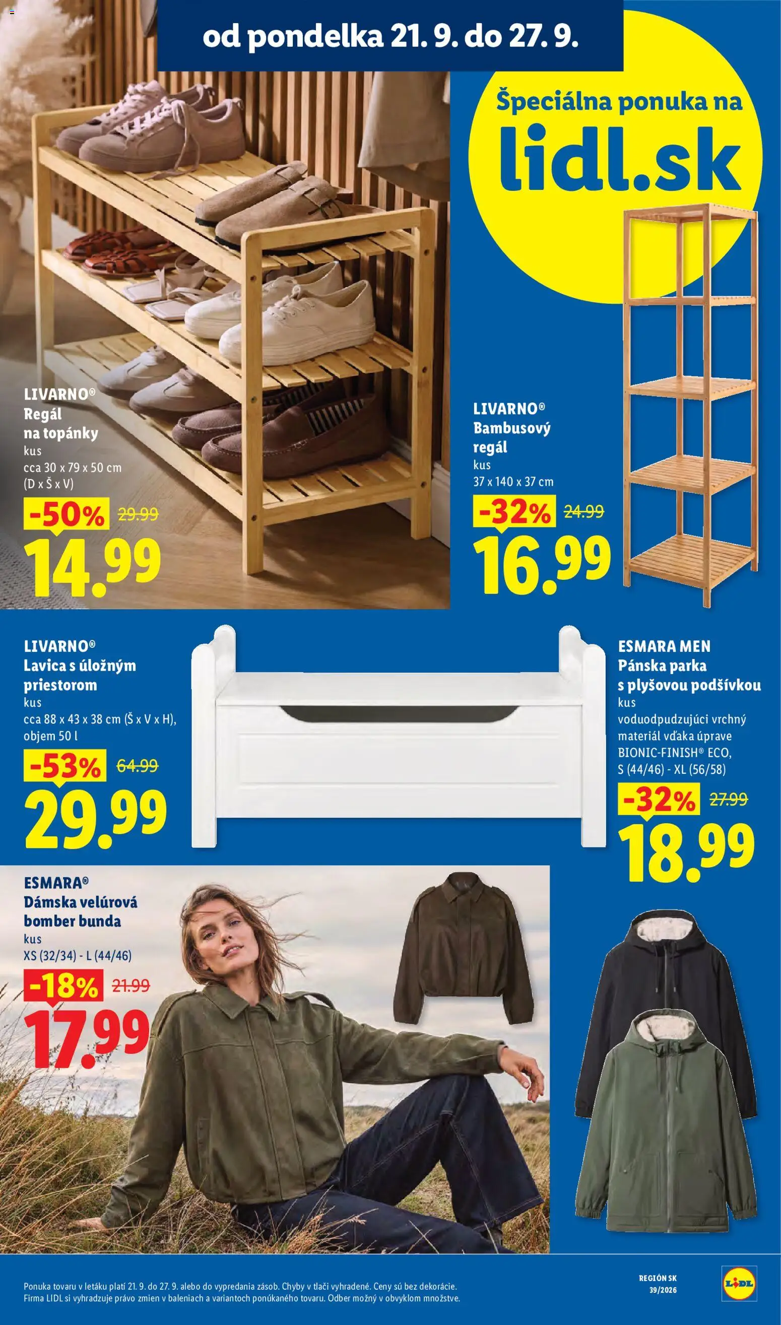 Nové Lidl akcie – leták je platný od 21.09.2026 | Strana: 14 | Produkty: Regál, Lavica s úložným priestorom, Lavica, Bunda