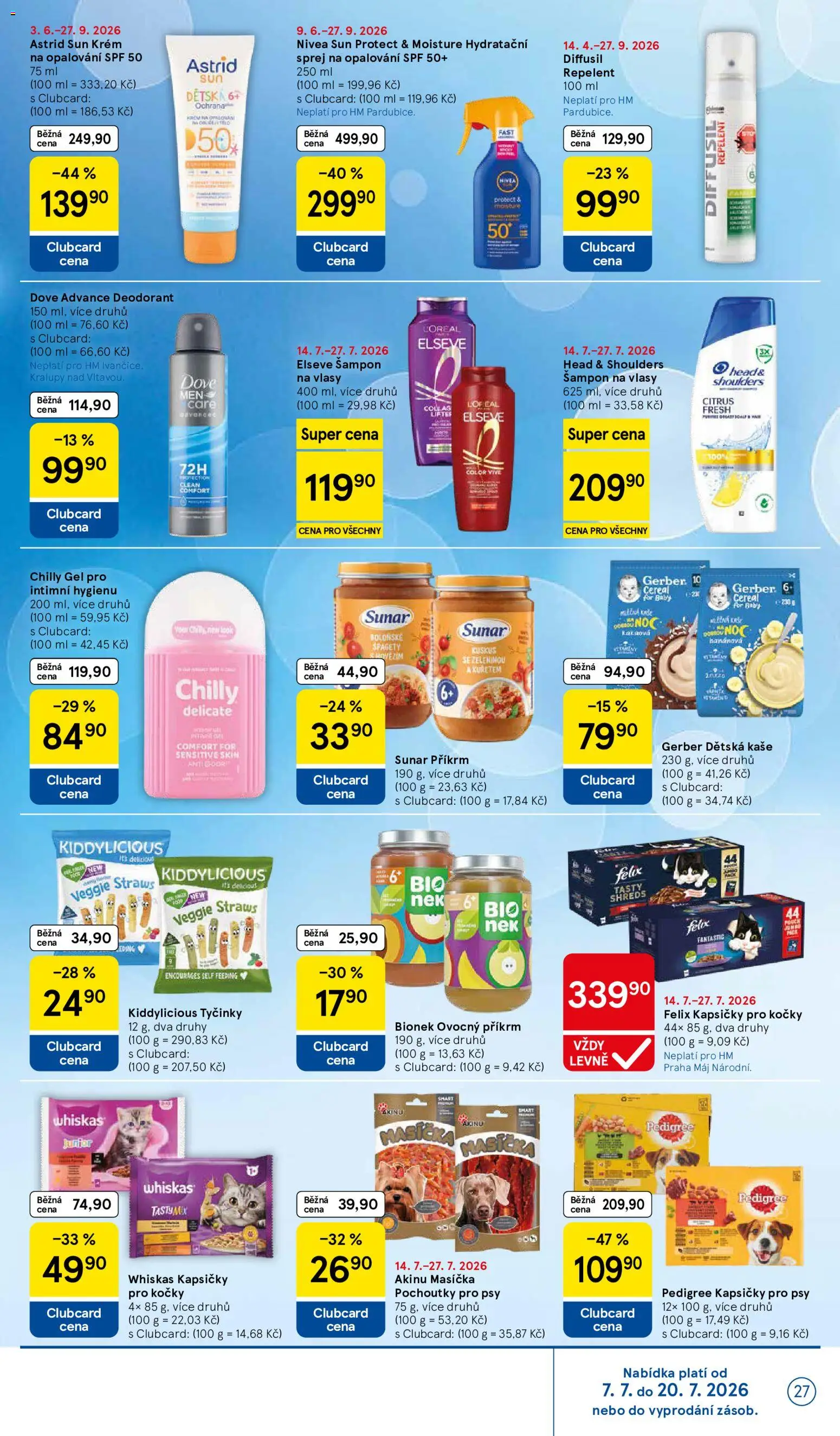 Tesco leták - Hypermarket od 15.07.2026 | Strana: 27 | Produkty: Tyčinky, Krém na opalování, Pedigree kapsičky, Příkrm