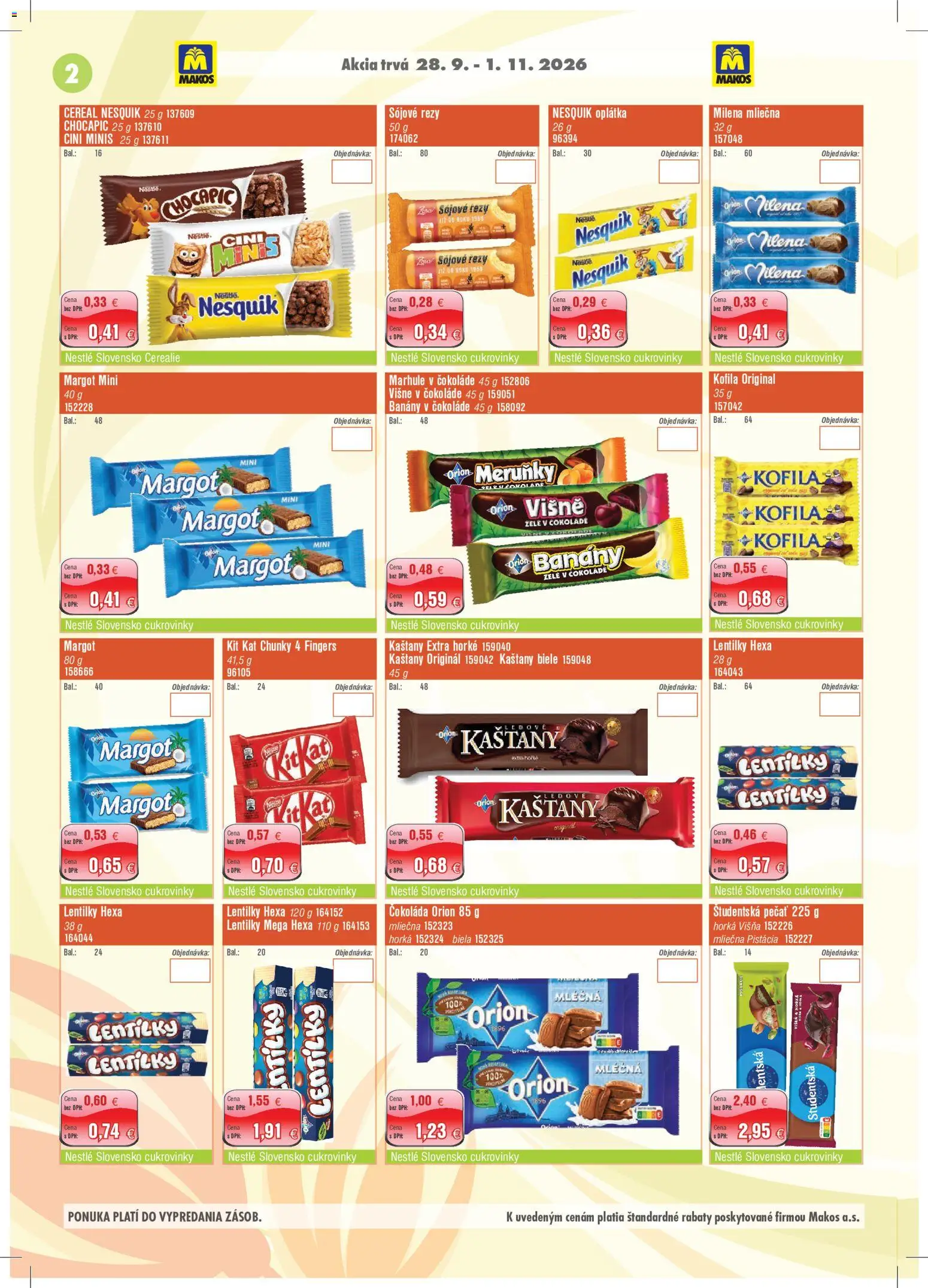 Nové Makos akcie – leták je platný od 28.09.2026 | Strana: 2 | Produkty: Banány v čokoláde, Čokoláda, Višne, Nesquik
