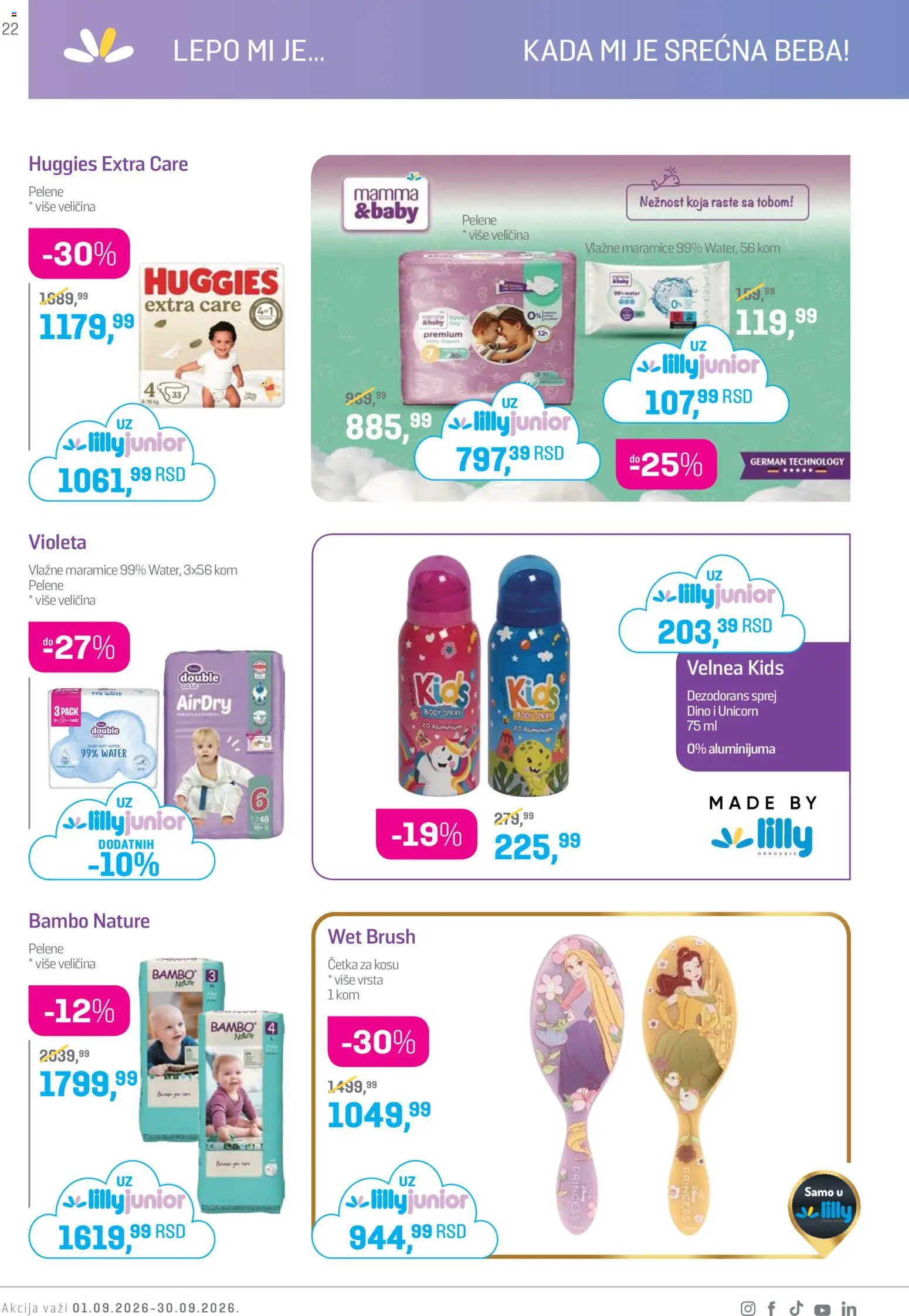 Lilly drogerie katalog - važi od 01.09.2026 | Strana: 22 | Proizvode: Maramice, Cetka za kosu, Dezodorans, Vlažne maramice