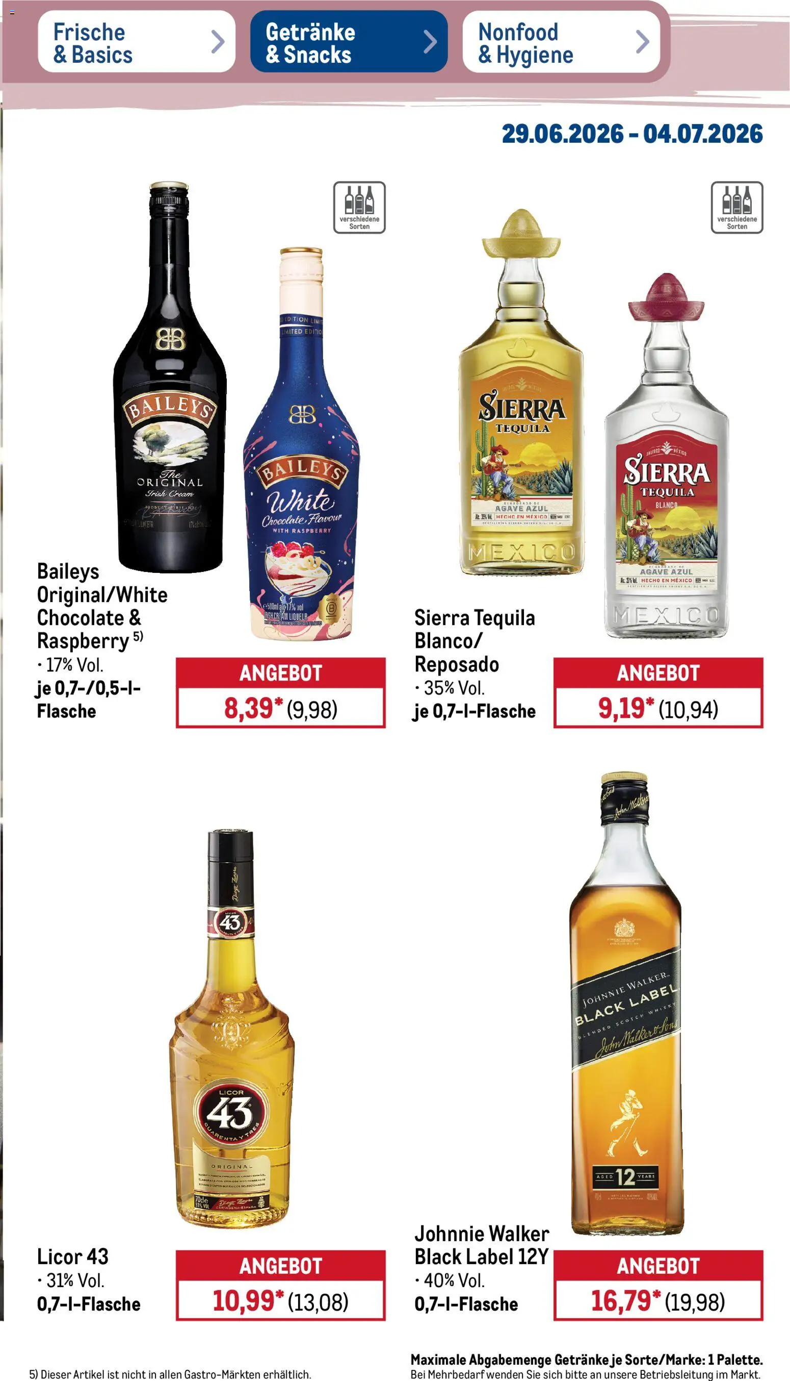 Metro Non Food & Hygiene – gültig ab 29.06.2026 | Seite: 26 | Produkte: Whisky, Tequila, Baileys, Johnnie walker