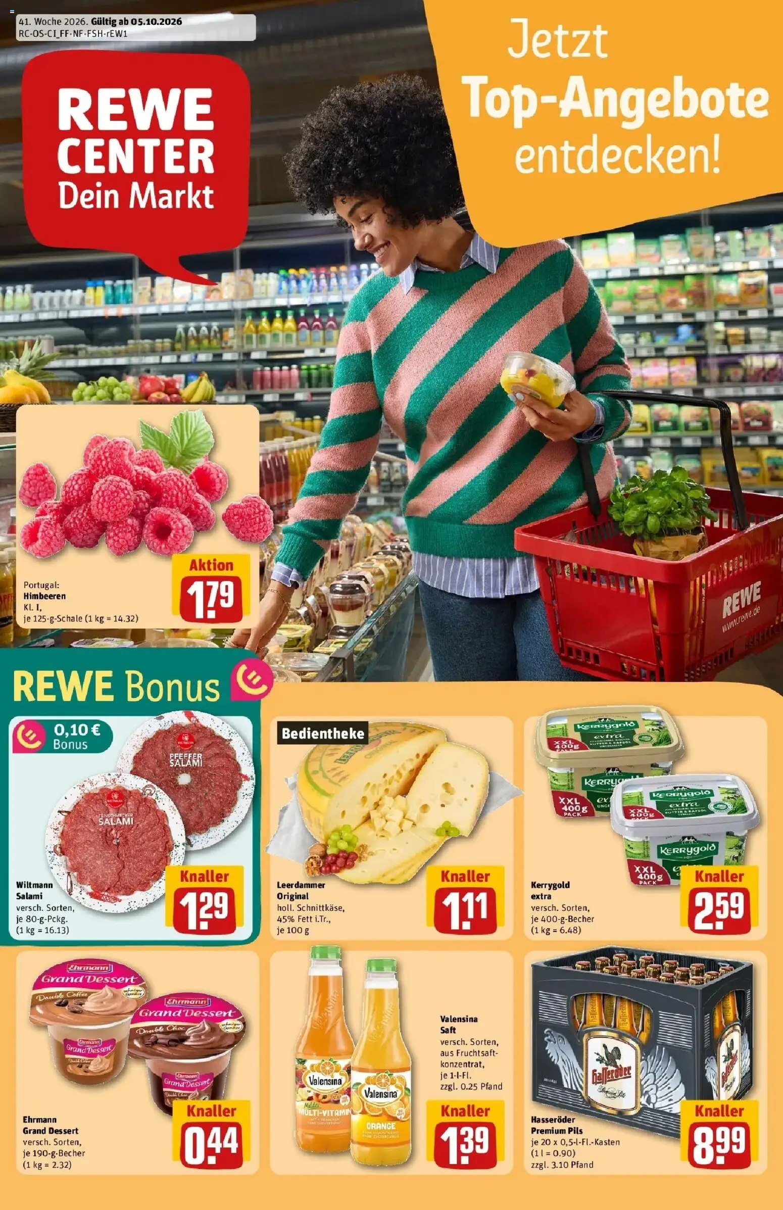 REWE Prospekt ab 05.10.2026 zum Blättern » Angebote | Seite: 1 | Produkte: Ehrmann grand dessert, Valensina, Salami, Fruchtsaft